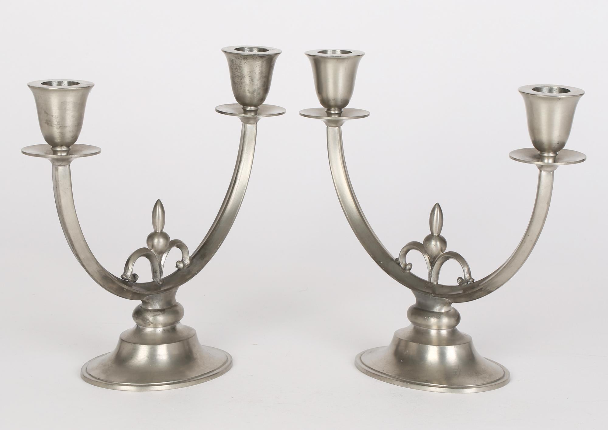 Just Andersen Danish Art Deco Pair Pewter Double Candlesticks For Sale 8