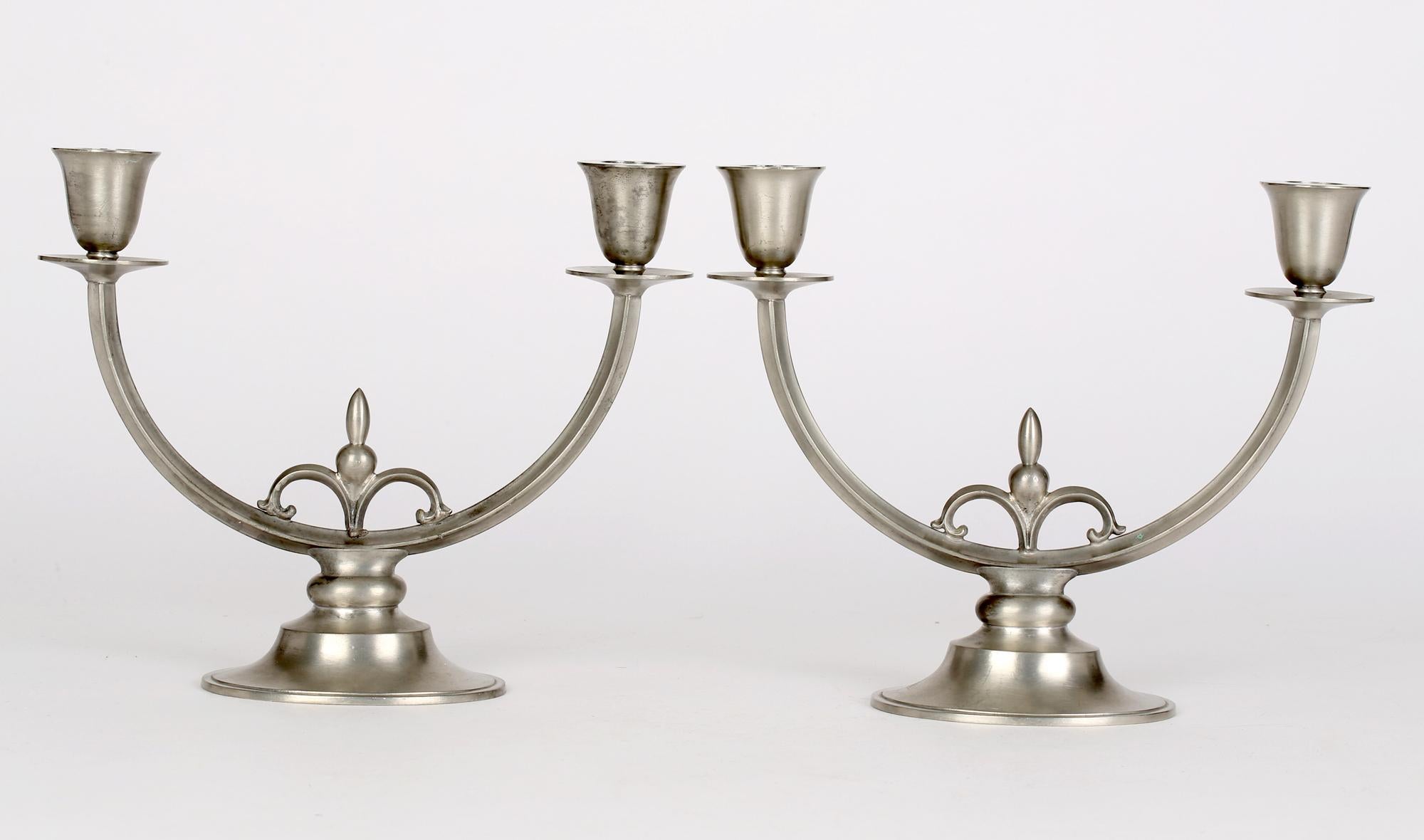 Just Andersen Danish Art Deco Pair Pewter Double Candlesticks For Sale 10