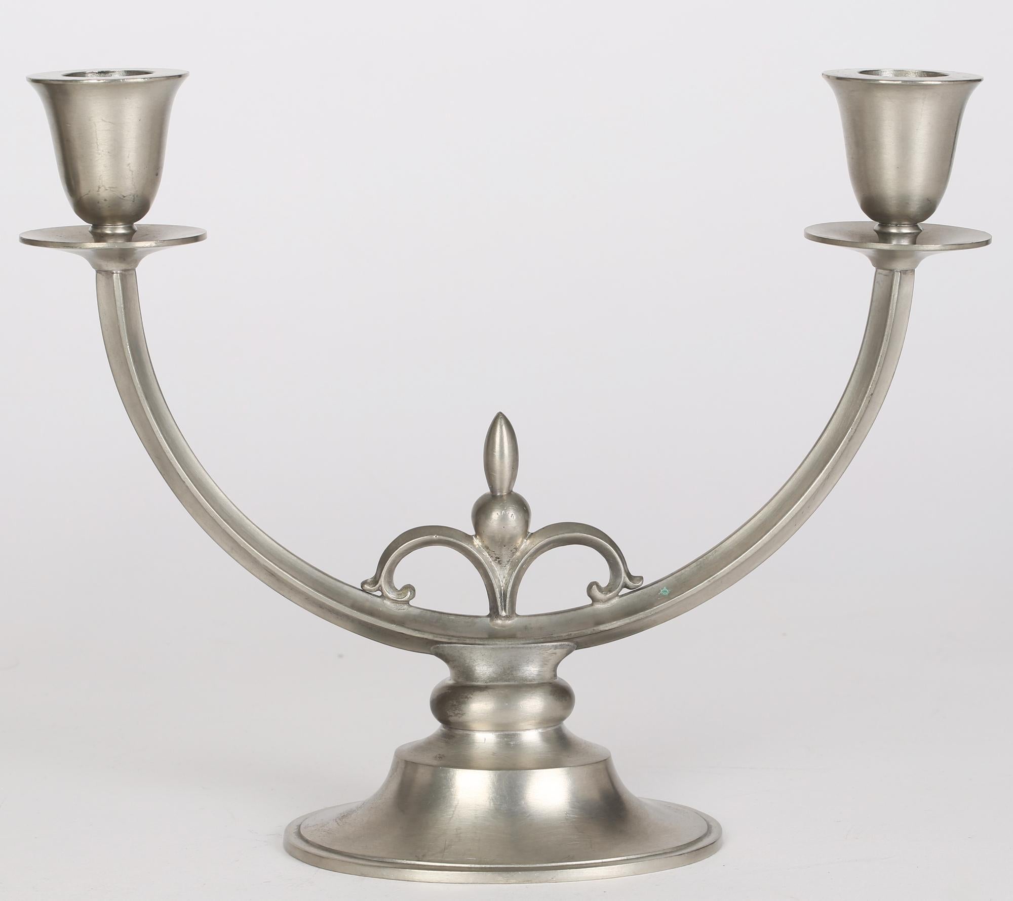 Mid-20th Century Just Andersen Danish Art Deco Pair Pewter Double Candlesticks For Sale