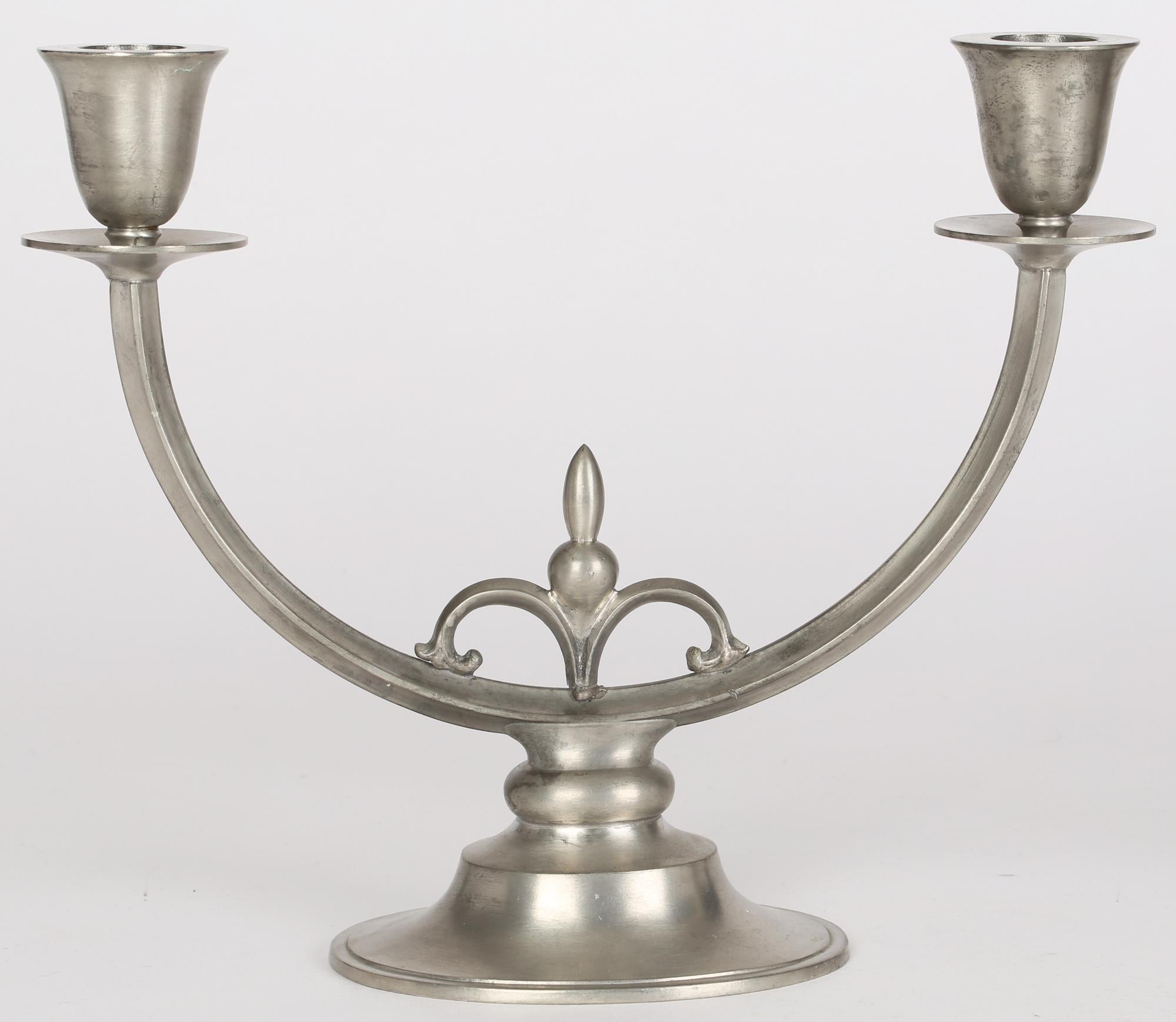 Just Andersen Danish Art Deco Pair Pewter Double Candlesticks For Sale 2