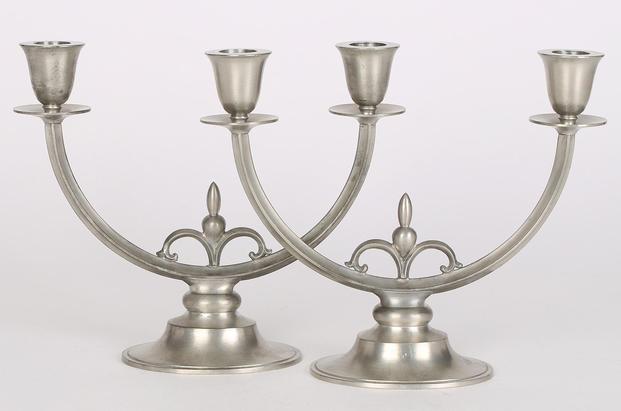 Just Andersen Danish Art Deco Pair Pewter Double Candlesticks For Sale 3