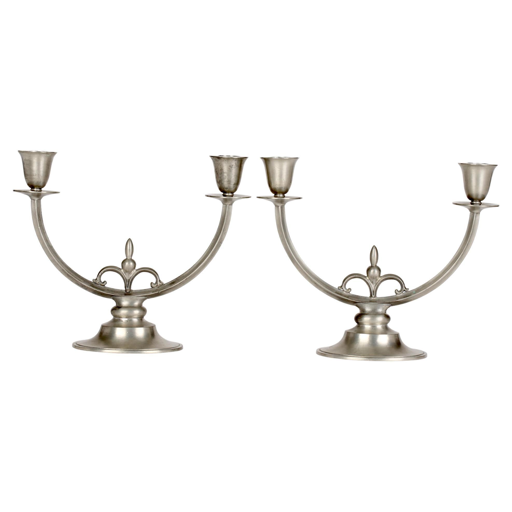 Just Andersen Danish Art Deco Pair Pewter Double Candlesticks For Sale