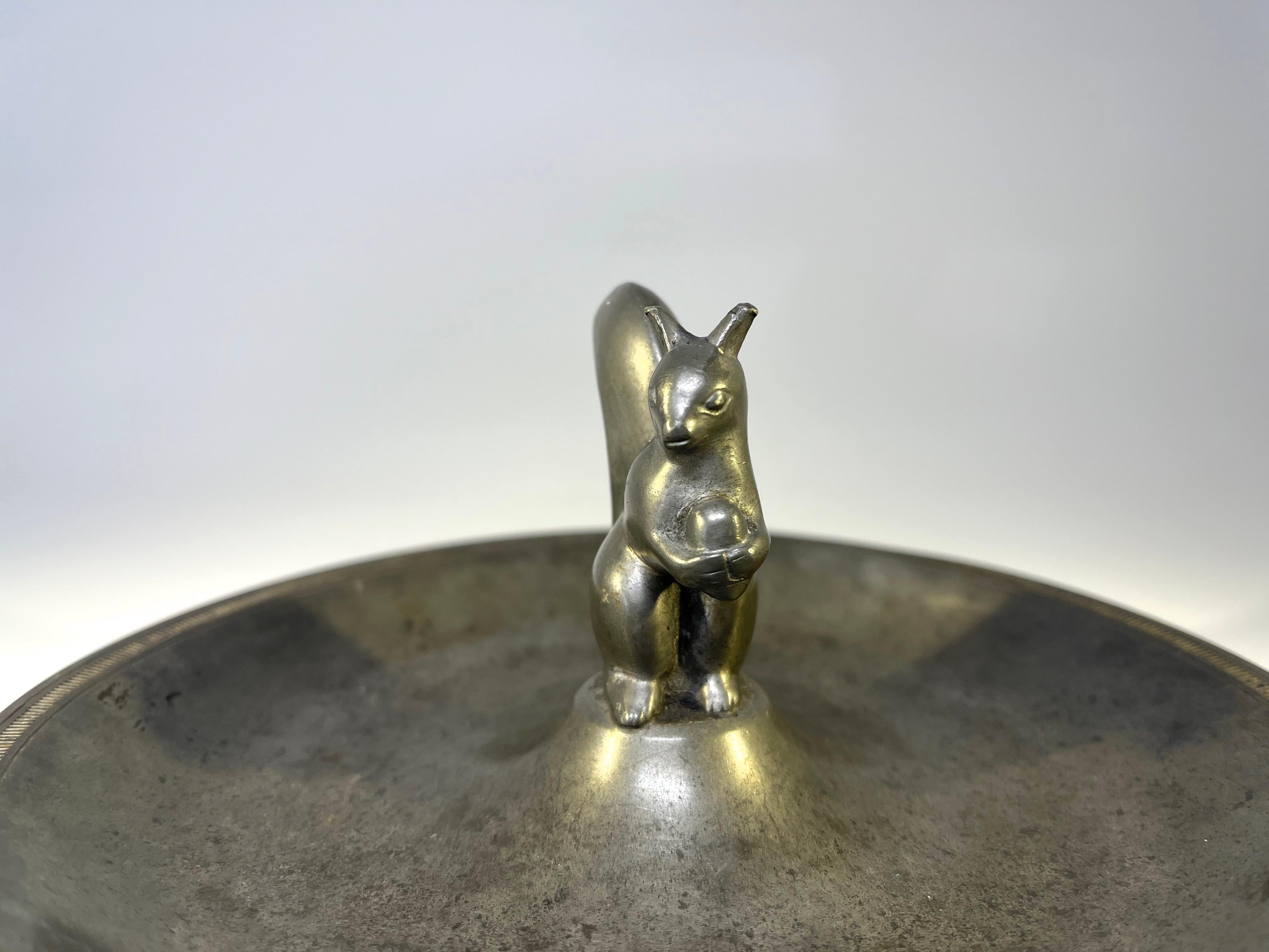 Cast Just Andersen, Denmark 1930s Art Deco Pewter Squirrel Vide Poche #8291 For Sale