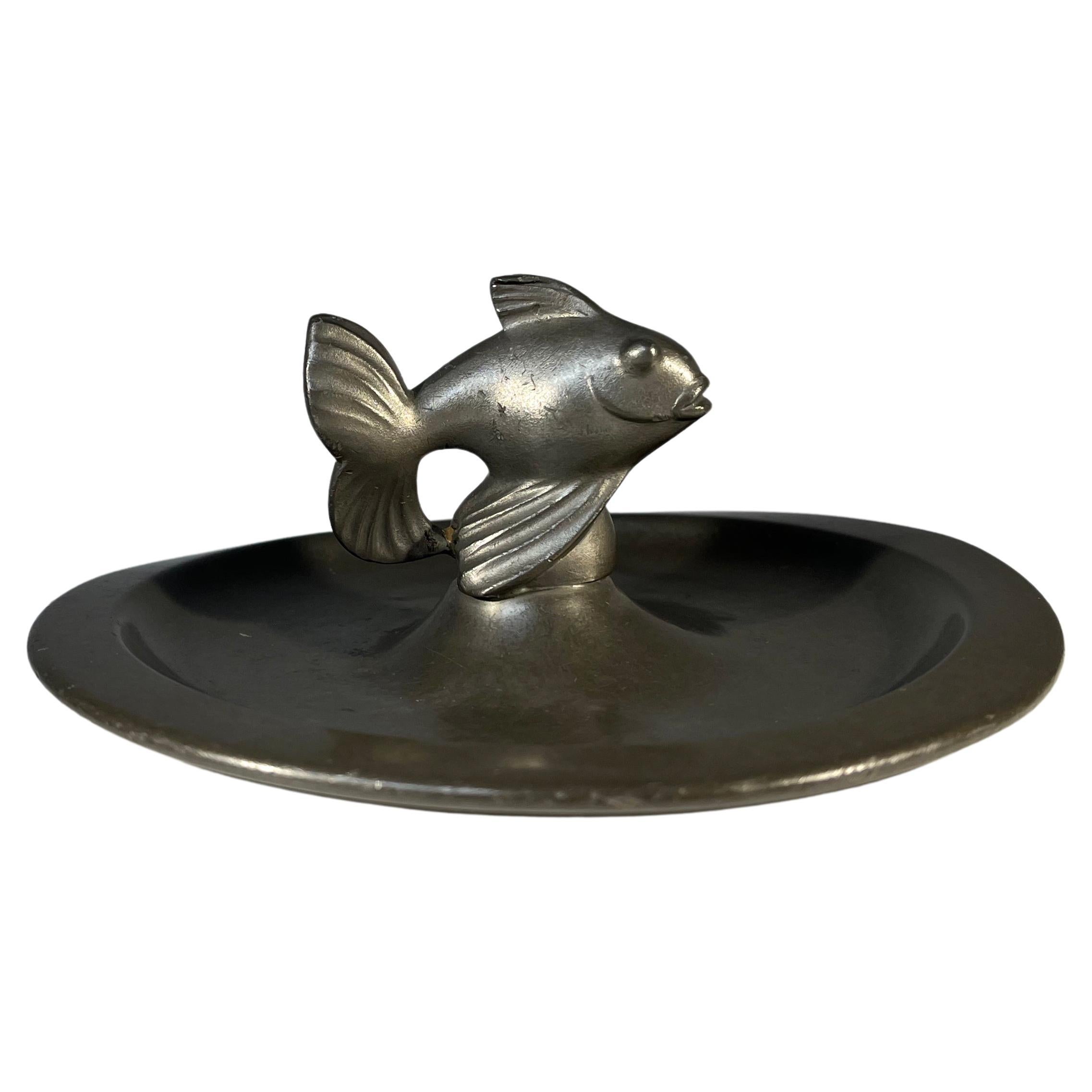 Just Andersen, Denmark 1930s Art Deco Pewter Stylised Fish Vide Poche  #1656B For Sale
