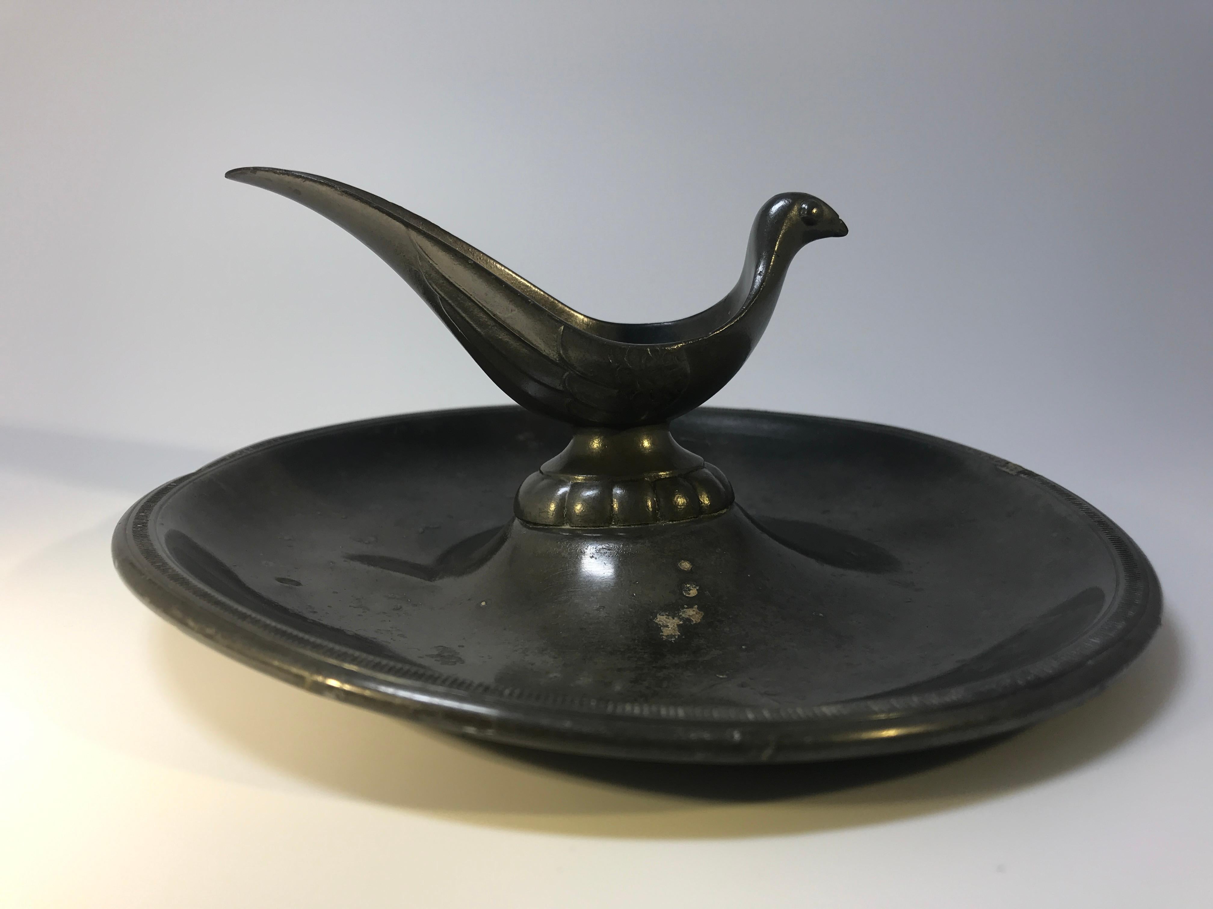 Art Deco Just Andersen, Denmark 1930s Deco Pewter Stylised Bird Pipe Holder Ashtray #2062