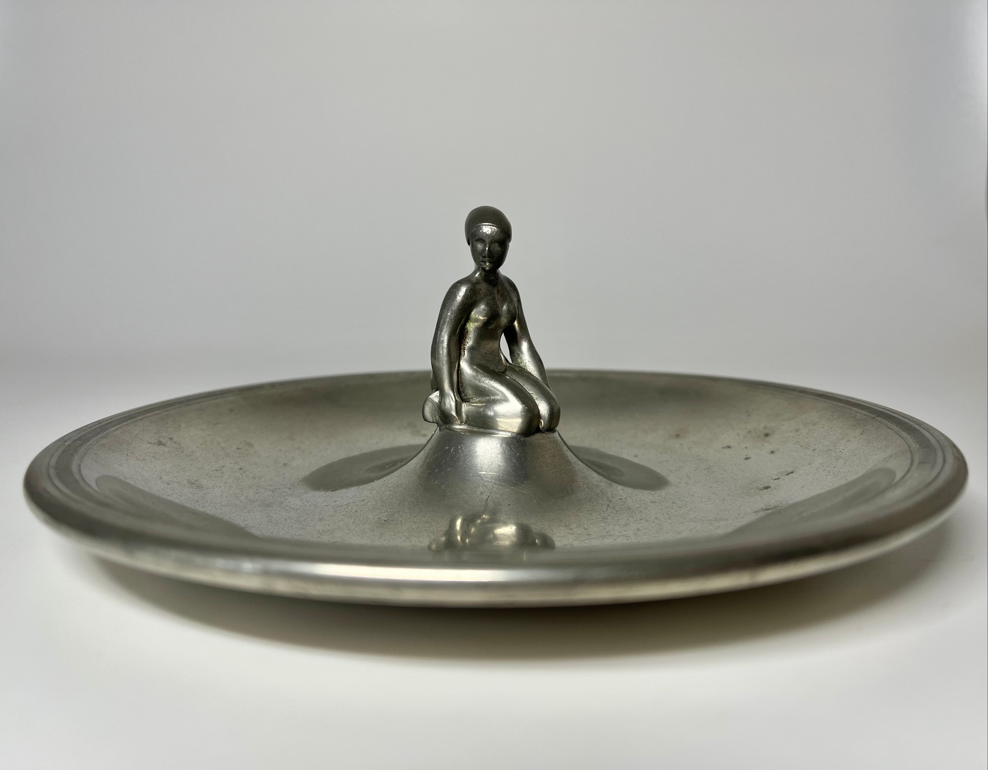 Danish Just Andersen, Denmark 1930s Pewter Art Deco Woman Bathing Vide Poche #829C For Sale