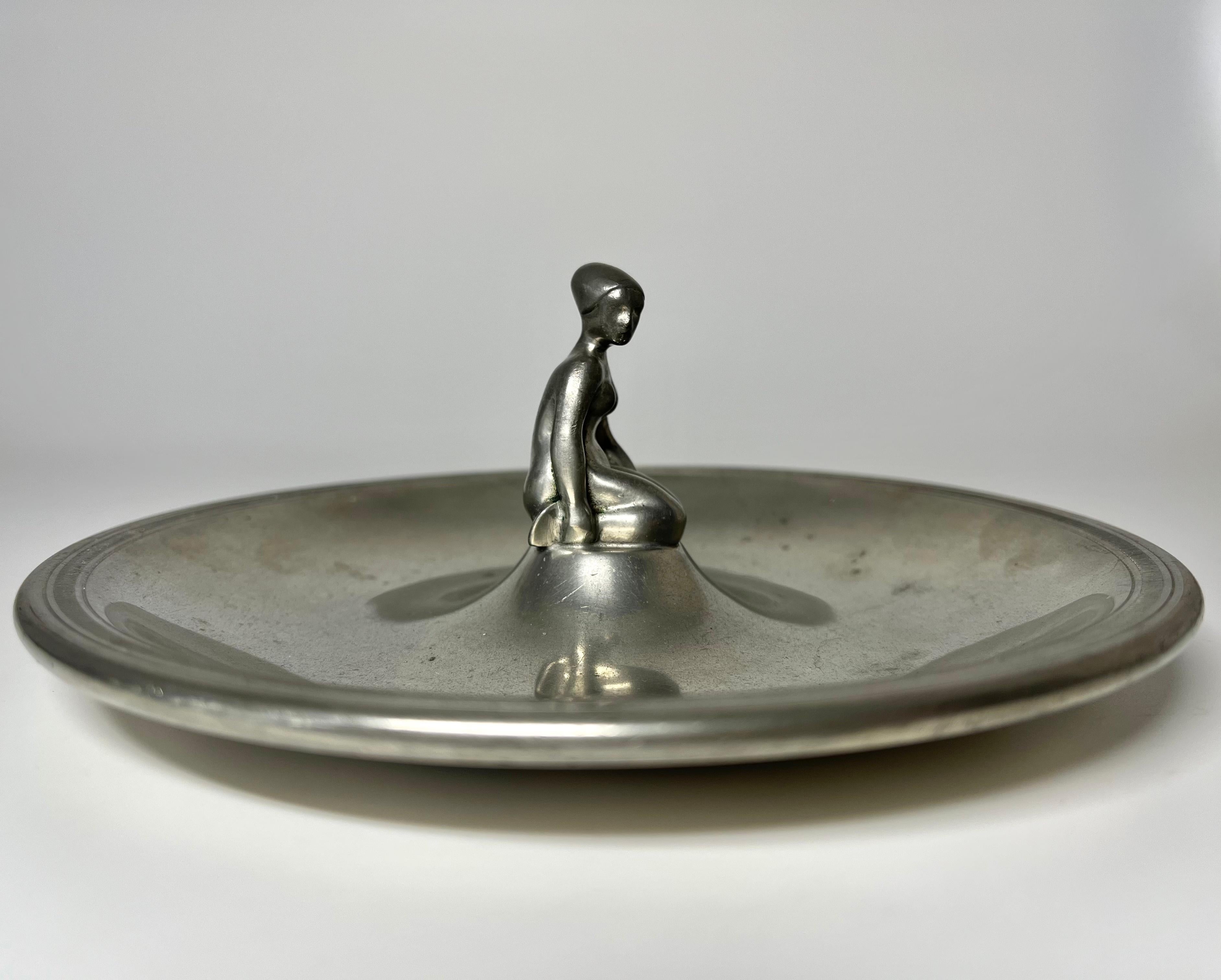 Mid-20th Century Just Andersen, Denmark 1930s Pewter Art Deco Woman Bathing Vide Poche #829C For Sale