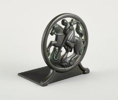 Just Andersen, Denmark, Art Deco Bookend in Disco Metal, Saint George and Dragon