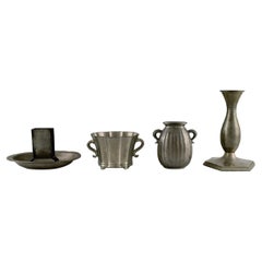 Just Andersen, Denmark. Art Deco Tin Candlestick, Matchbox Holder and Vases