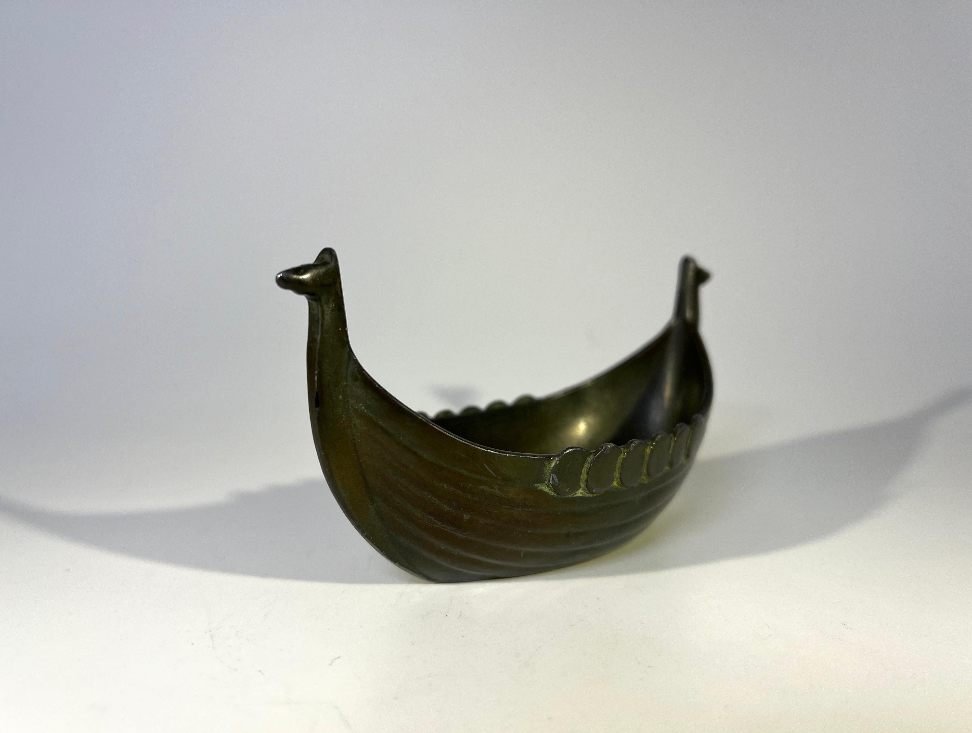 Cast Just Andersen, Denmark Bronze Patina Disko Metal Viking Ship Salt #1109 For Sale