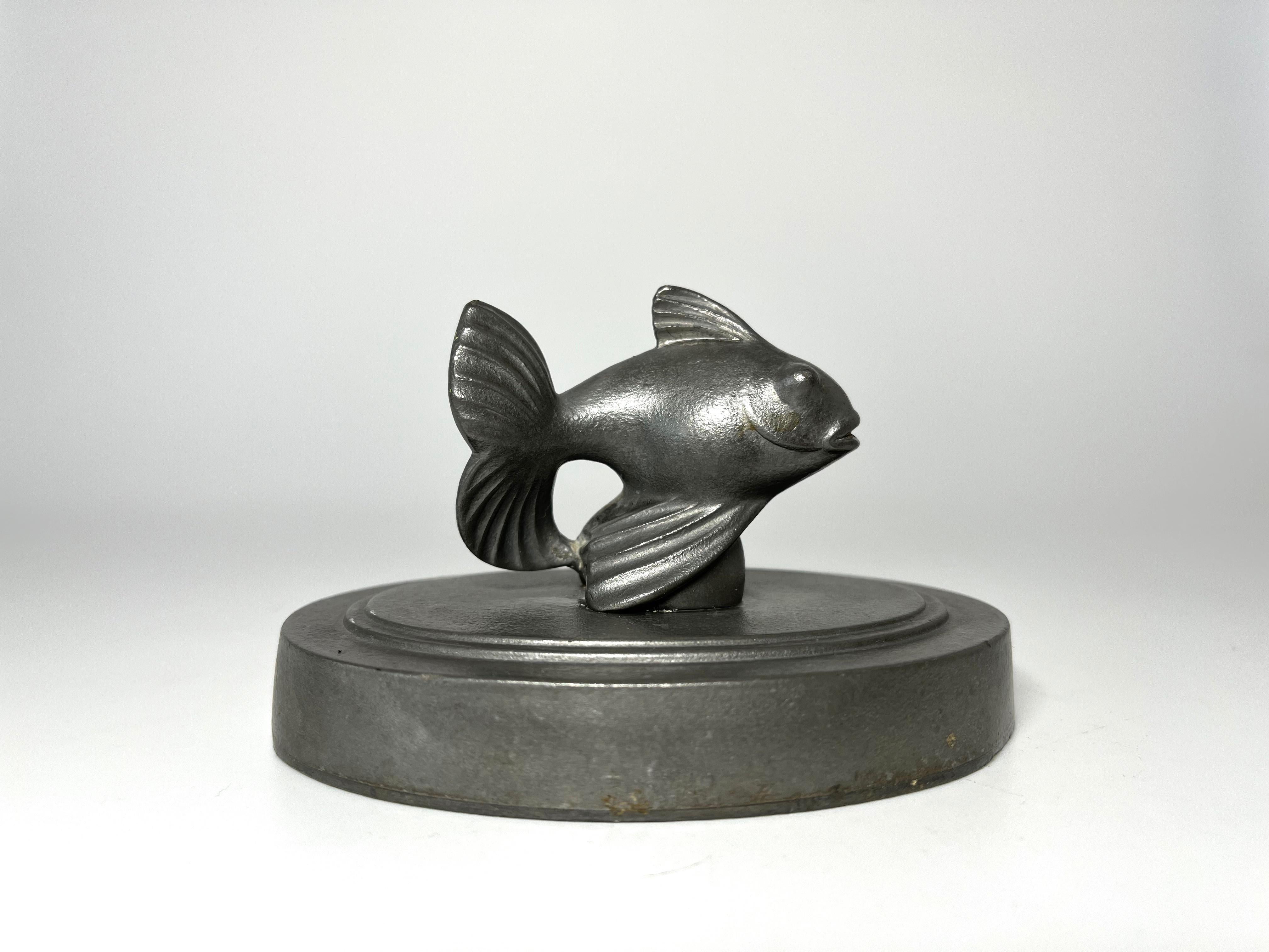 Cast Just Andersen, Denmark Fantail Fish 1920s Art Deco Pewter Desk Paperweight #833B