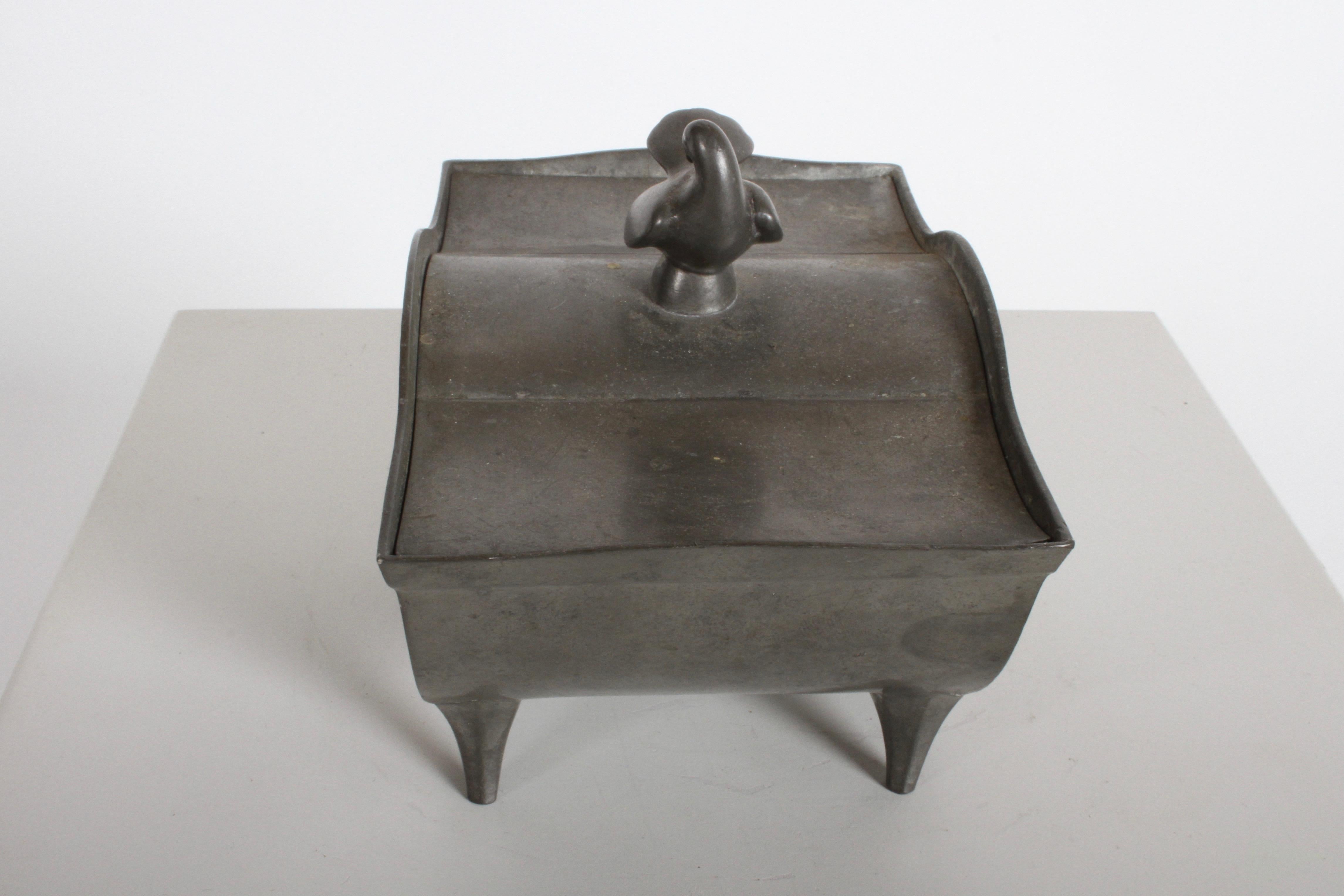 Mid-Century Modern Just Andersen Denmark Pewter Covered Curved Box with Dove Handle, Danish Modern