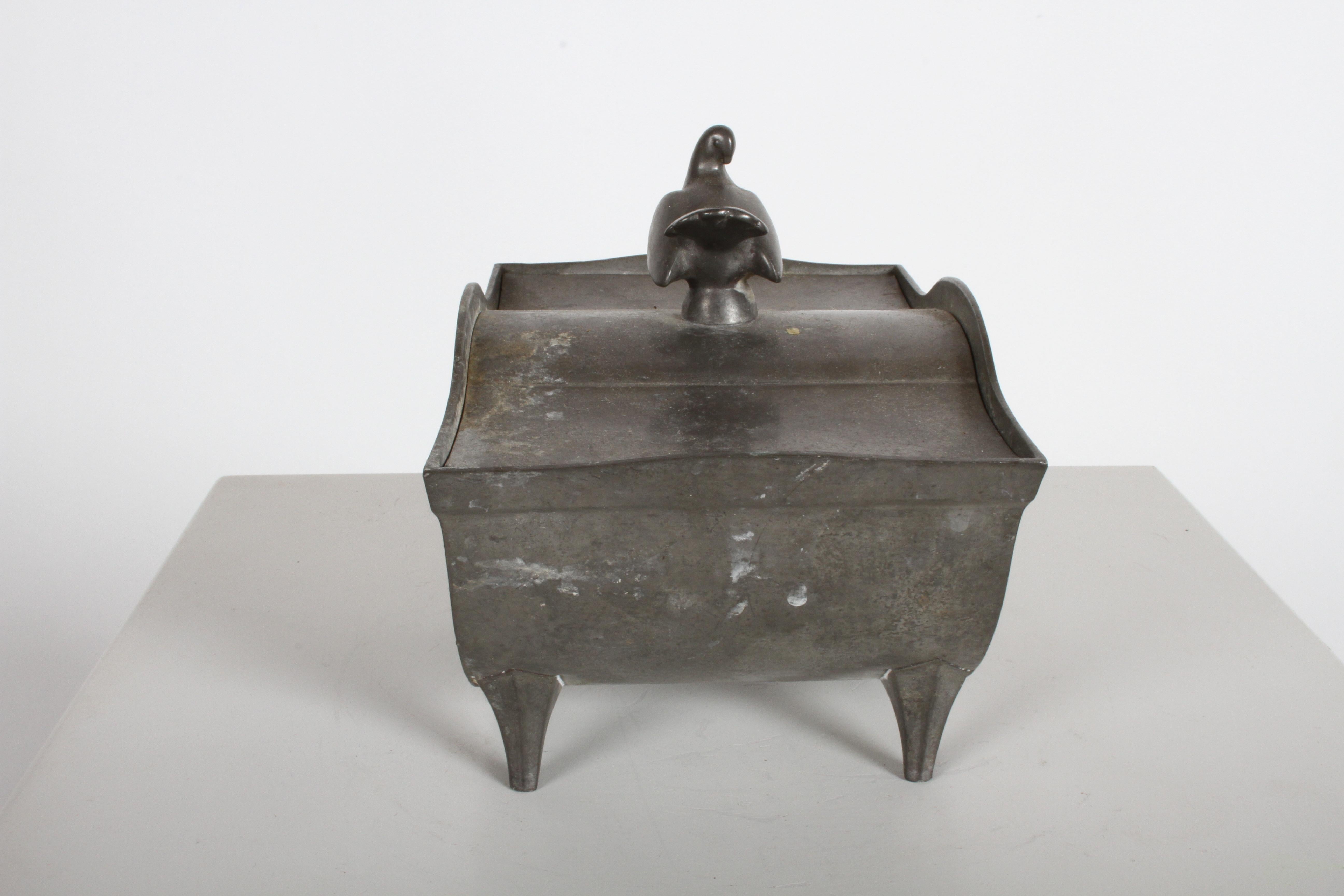 Just Andersen Denmark Pewter Covered Curved Box with Dove Handle, Danish Modern In Good Condition In St. Louis, MO