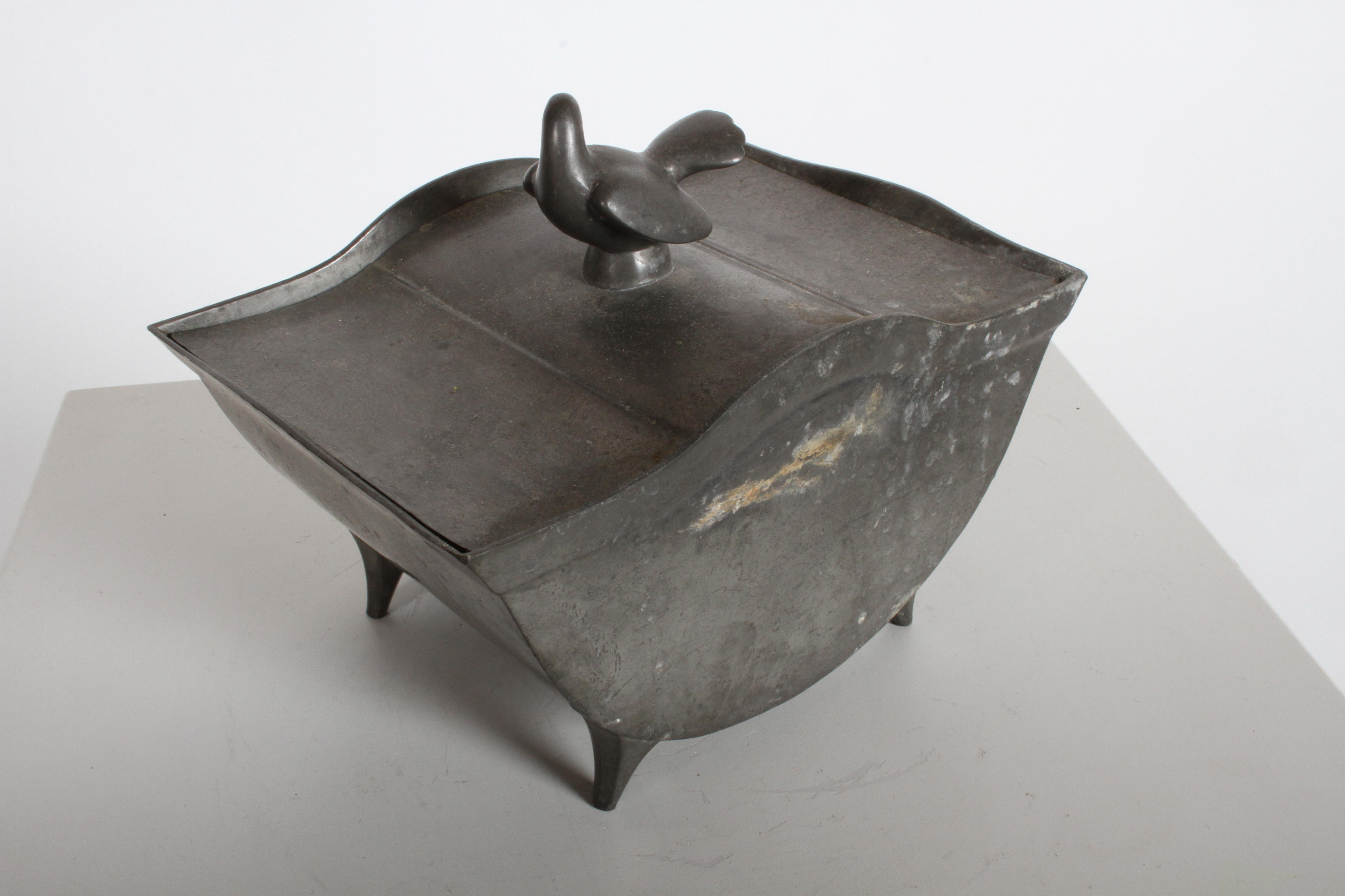 Mid-20th Century Just Andersen Denmark Pewter Covered Curved Box with Dove Handle, Danish Modern