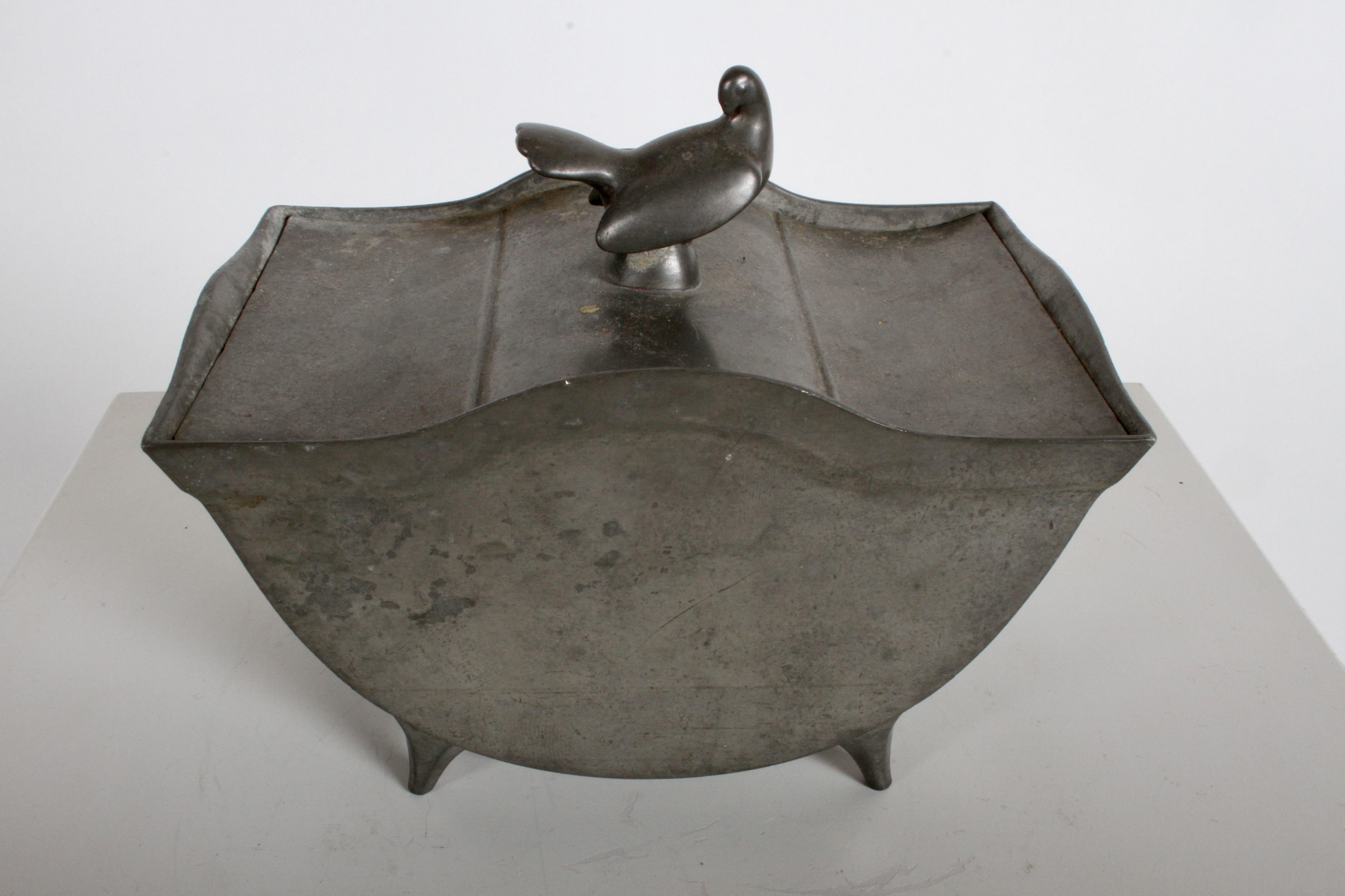 Just Andersen Denmark Pewter Covered Curved Box with Dove Handle, Danish Modern 1