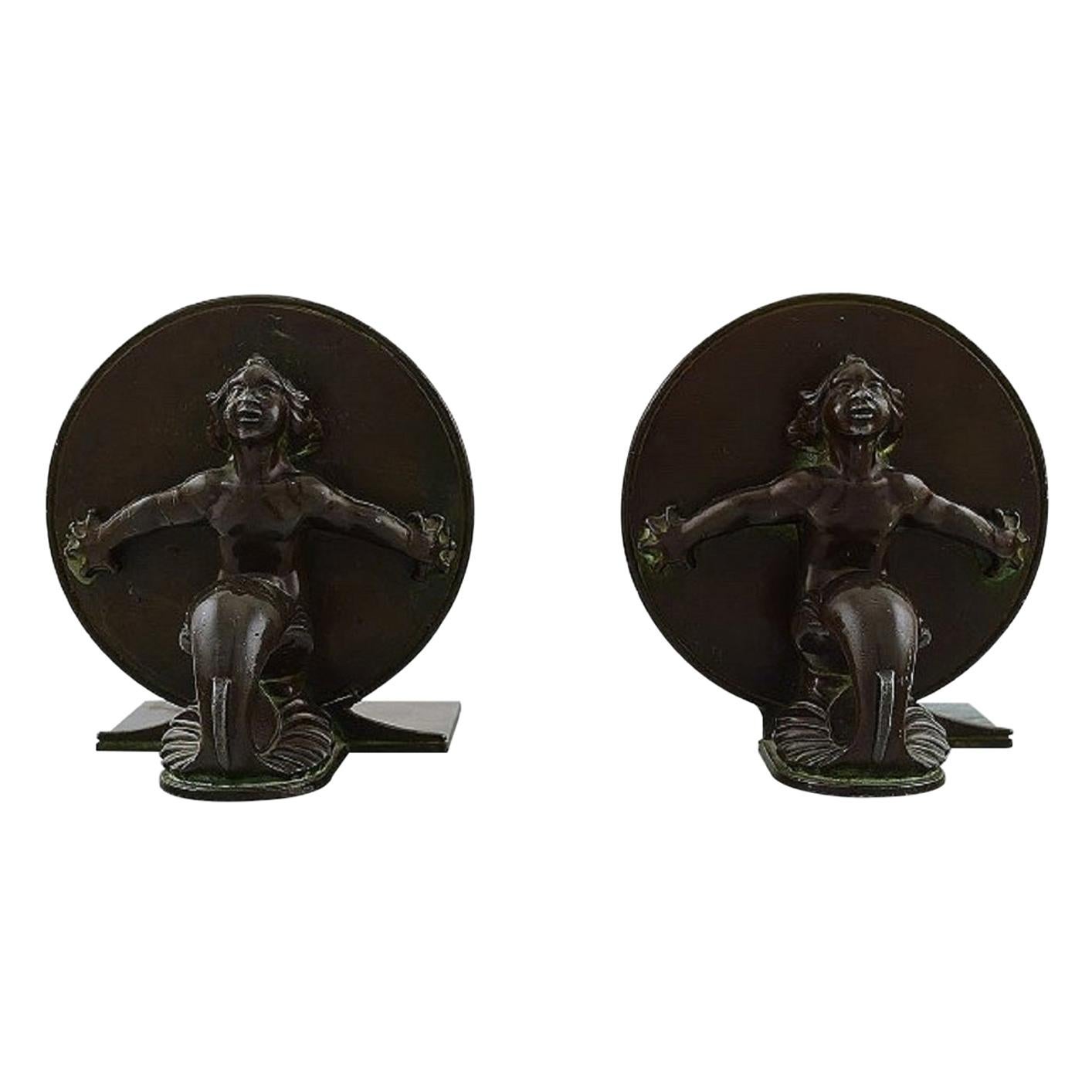 Just Andersen, Denmark, Two Rare Book Stands in Disko Metal with Seamen, 1940s For Sale