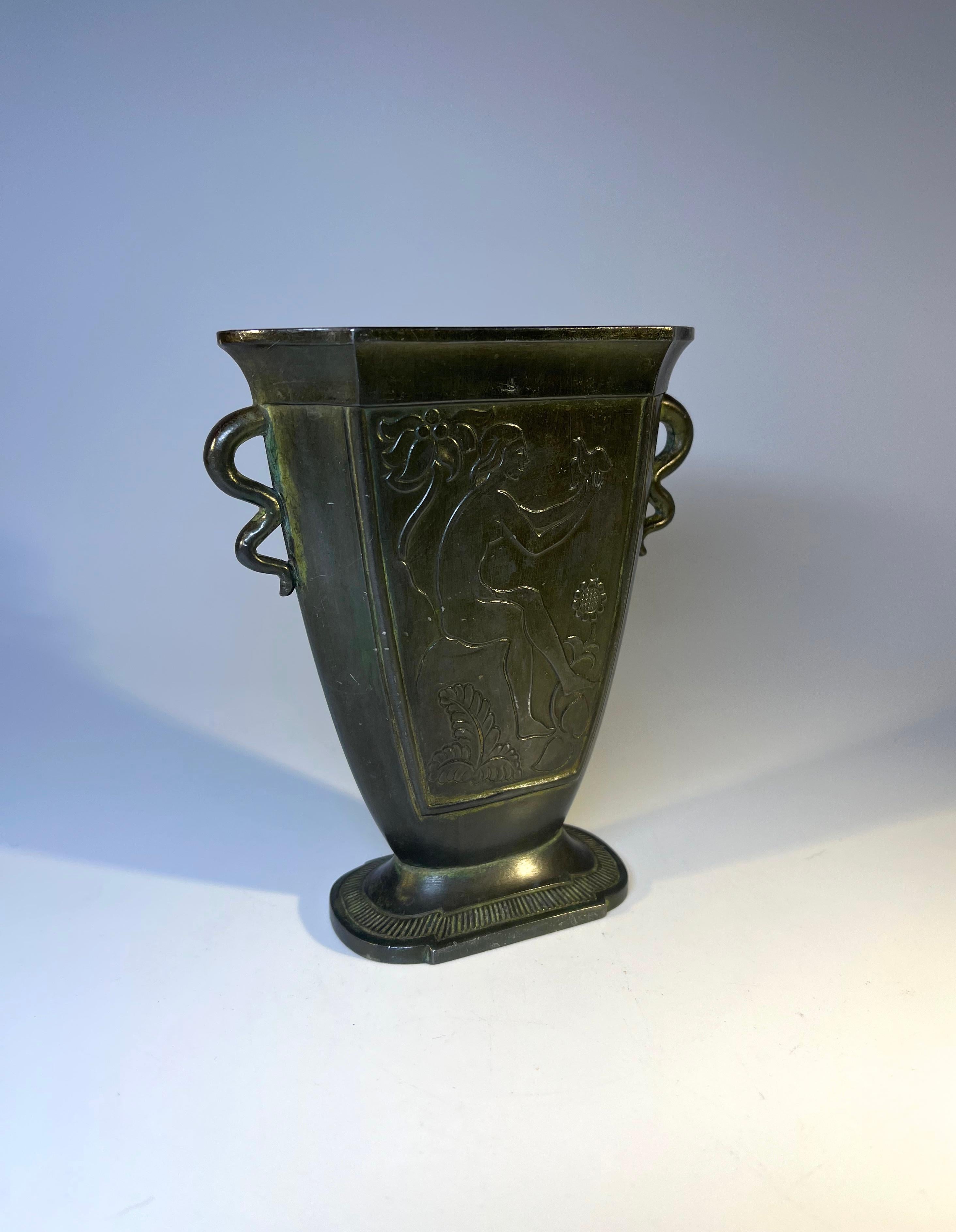 Danish Just Andersen Disko Metal 1930 Twin Handled Nude with Dove Vase #D78