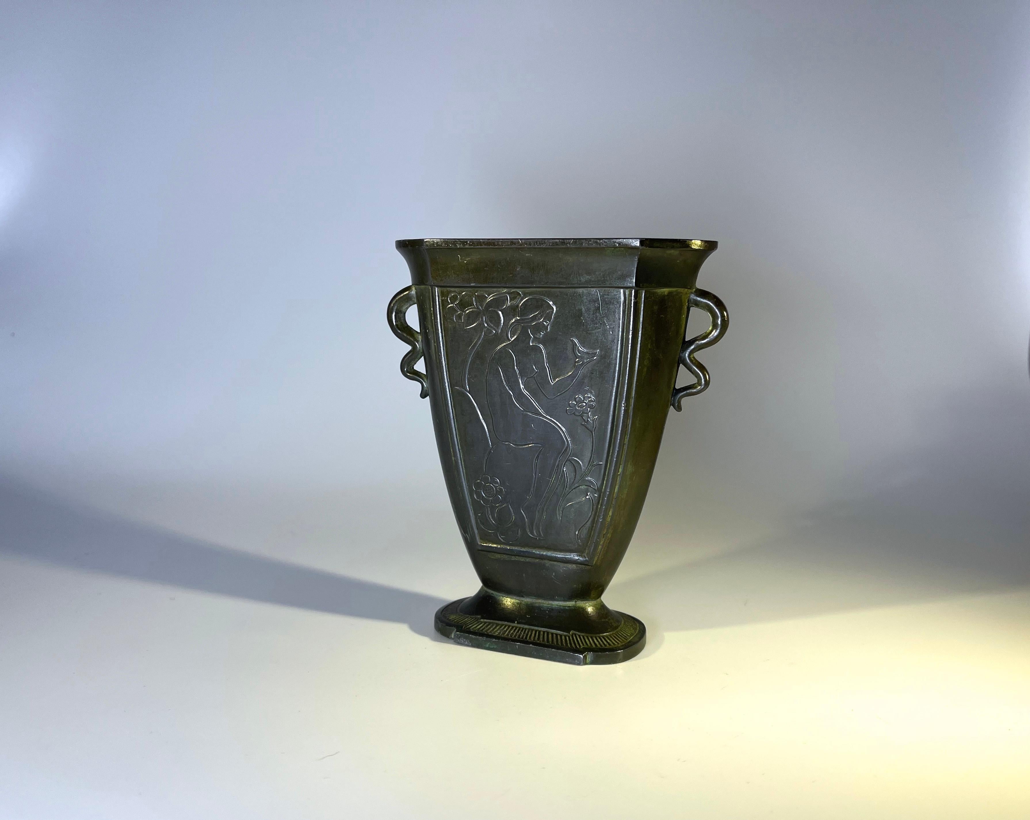 Cast Just Andersen Disko Metal 1930 Twin Handled Nude with Dove Vase #D78