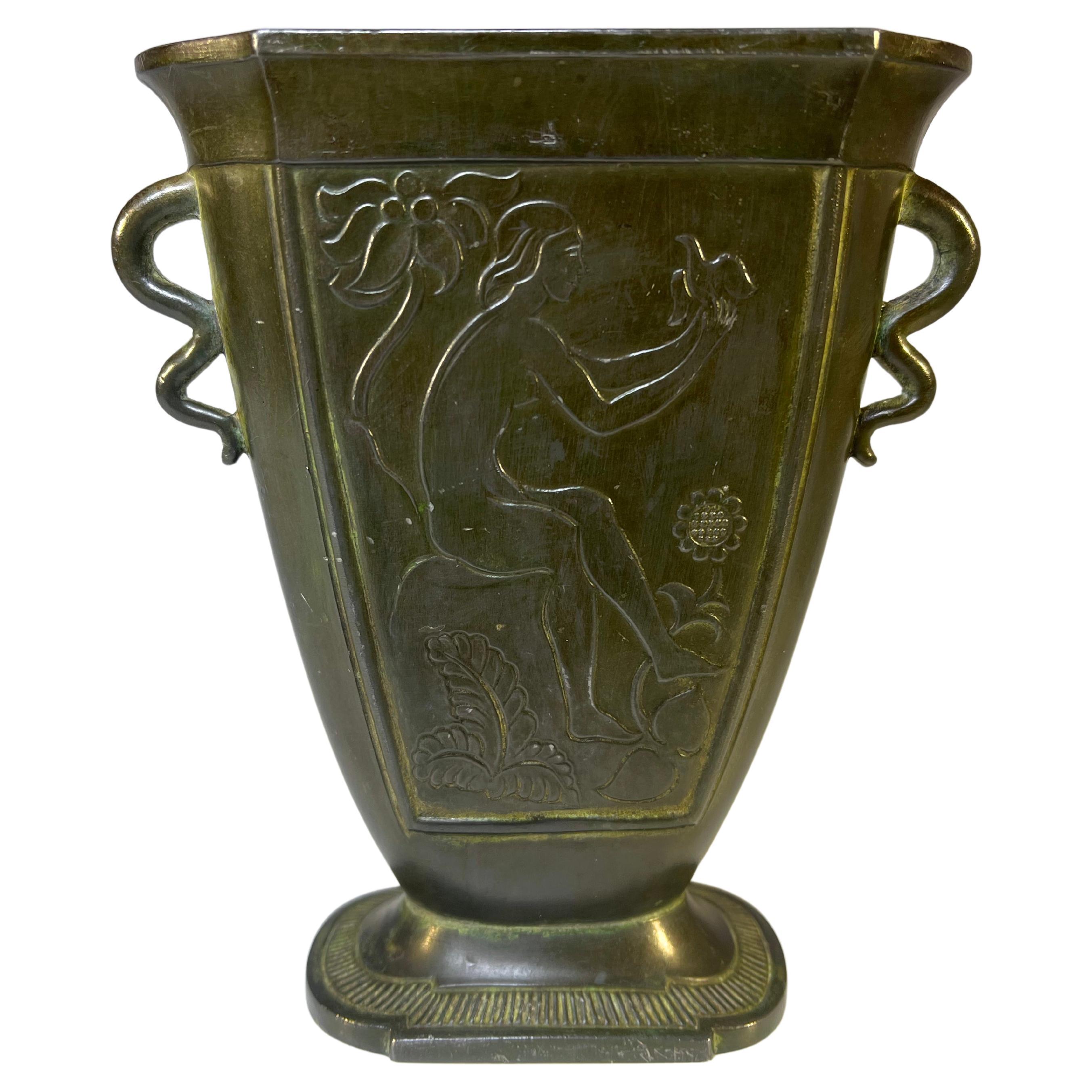 Just Andersen Disko Metal 1930 Twin Handled Nude with Dove Vase #D78