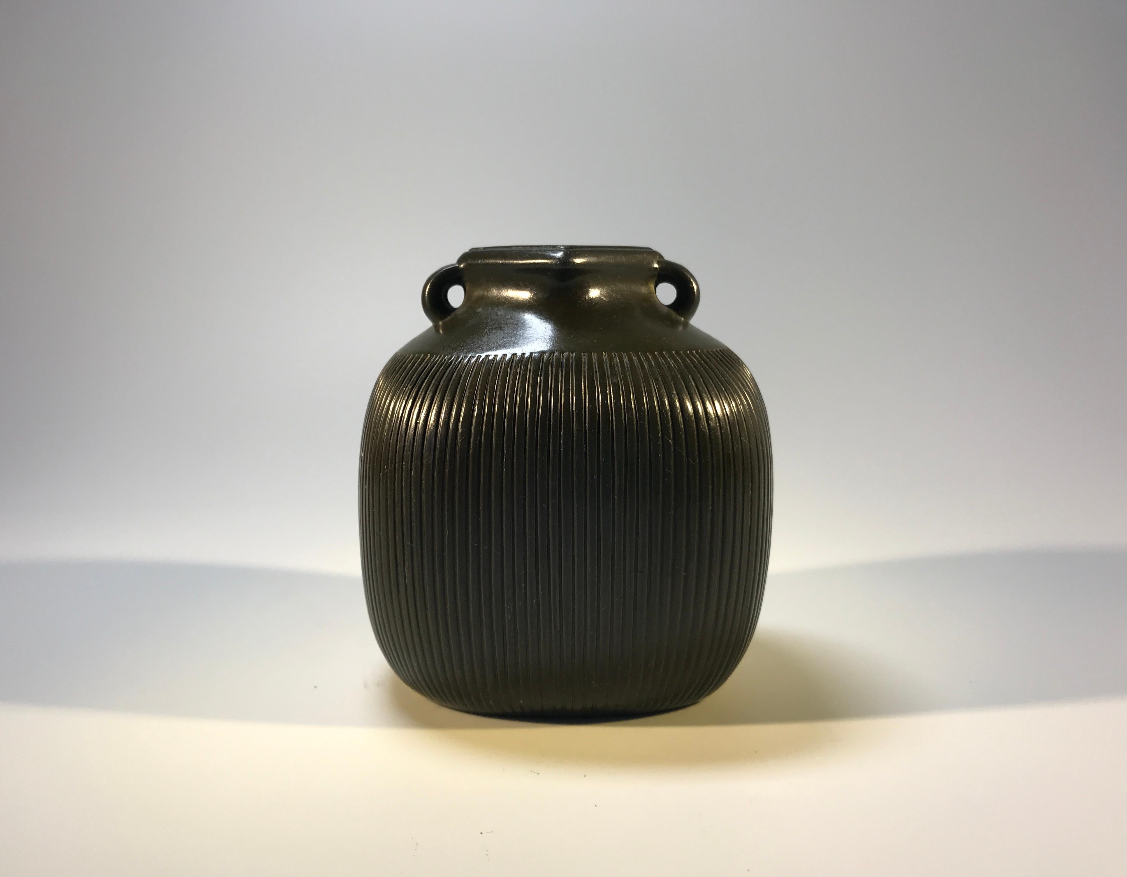 Art Deco Just Andersen Disko Metal 1940 Scandinavian Ribbed Vase Square Neck #D2317