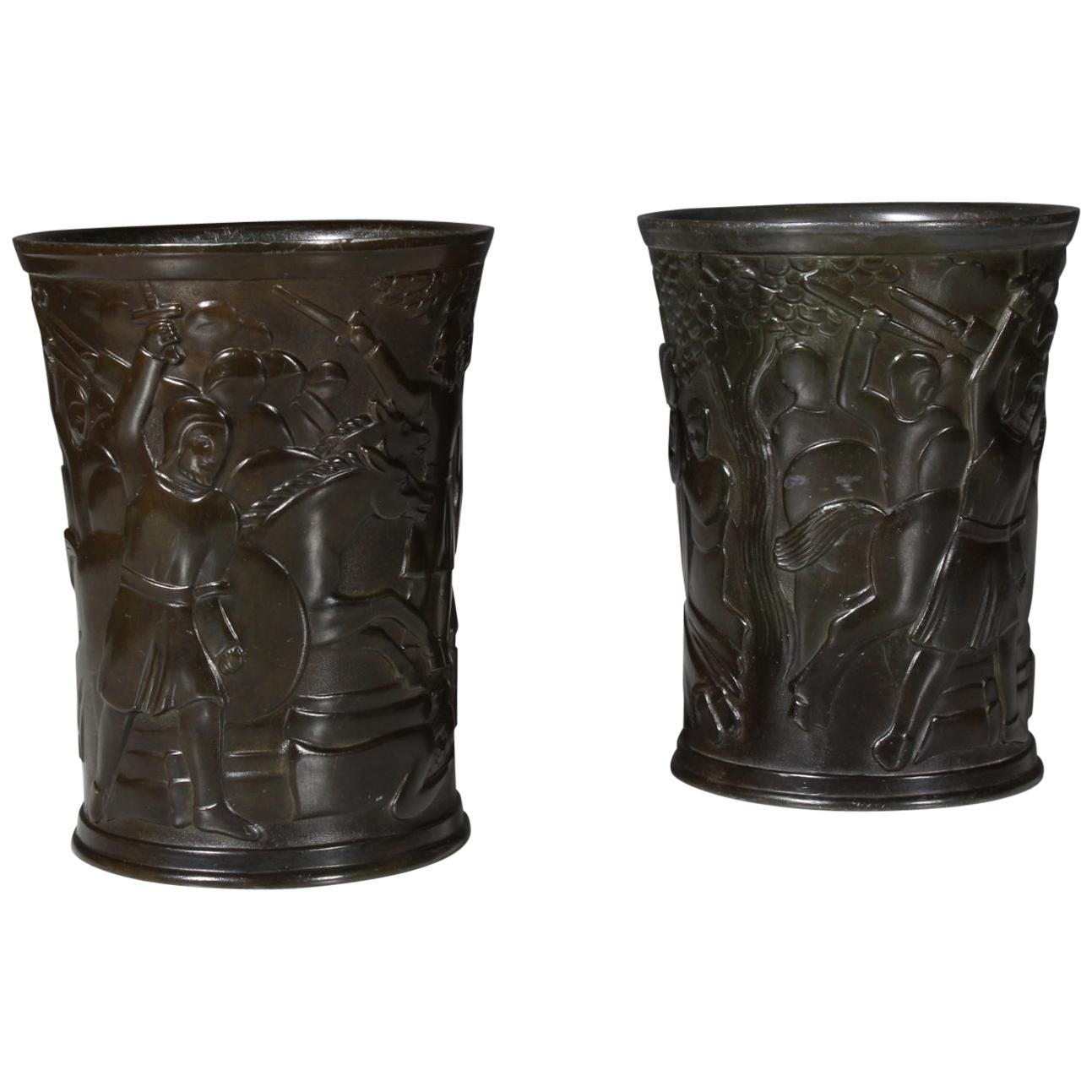 Just Andersen Danish, (1884-1943) disko metal vases, mark to underside 
