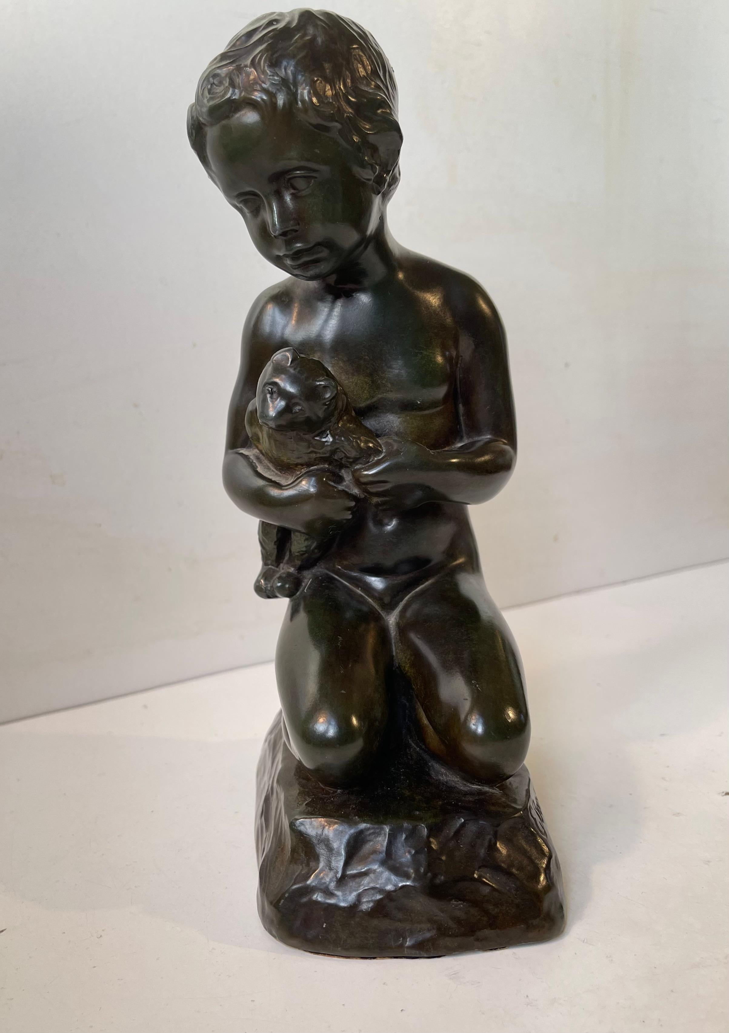 Patinated Just Andersen & E. Borch Art Deco Sculpture of Boy with Teddybear, 1940s For Sale