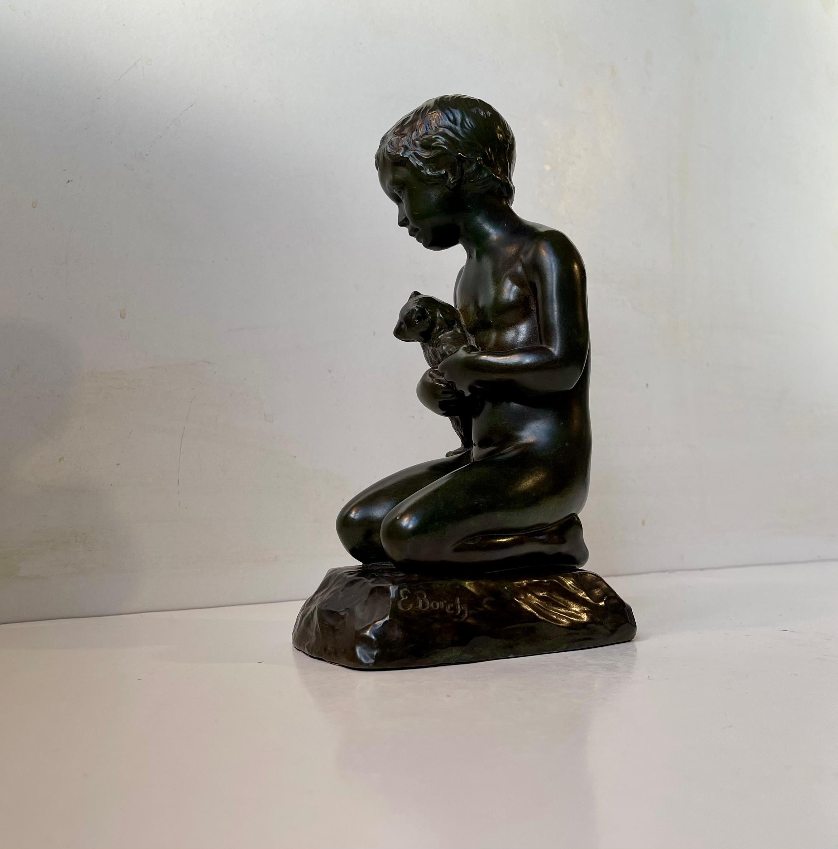 Just Andersen & E. Borch Art Deco Sculpture of Boy with Teddybear, 1940s In Good Condition For Sale In Esbjerg, DK
