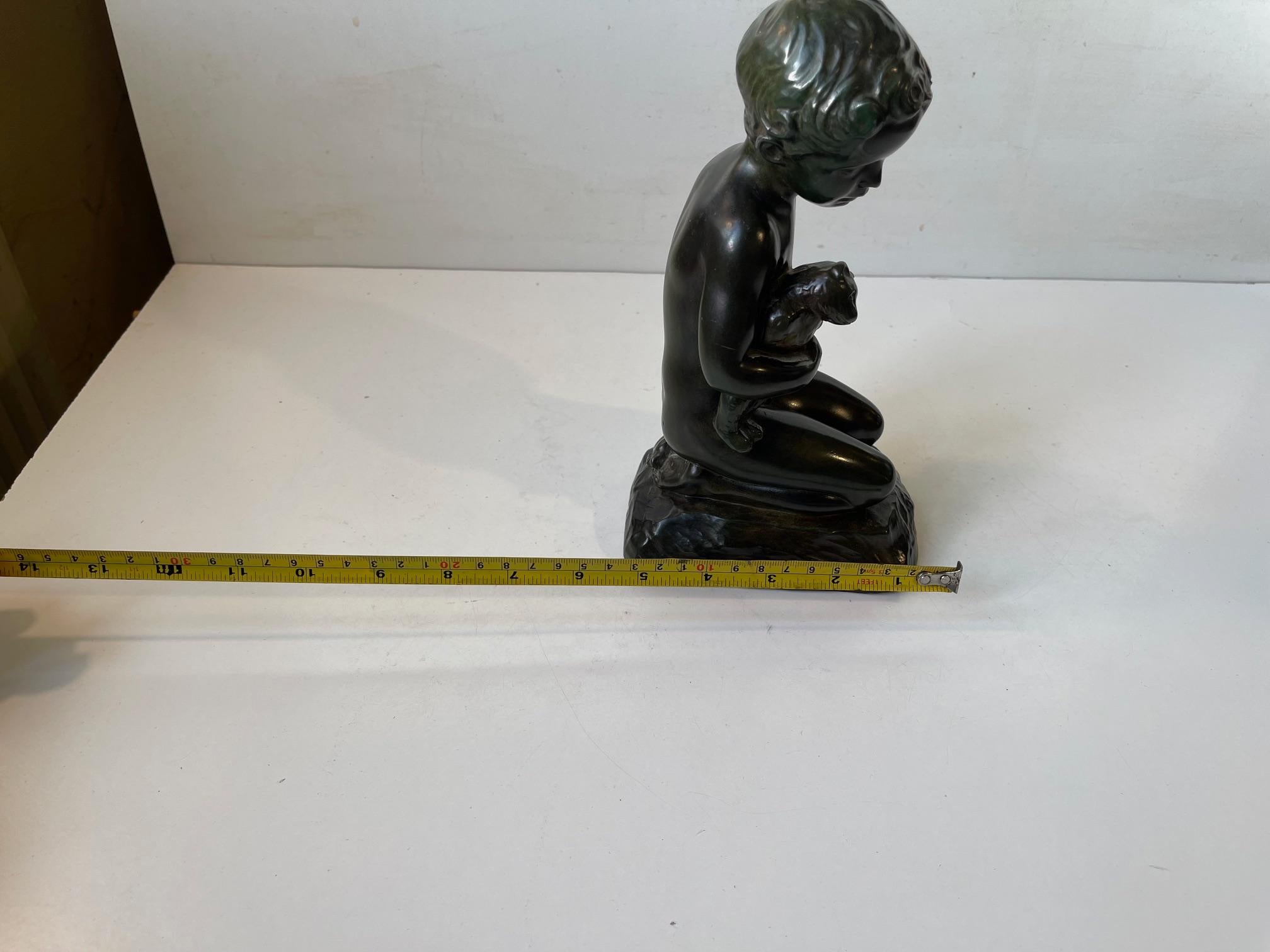 Just Andersen & E. Borch Art Deco Sculpture of Boy with Teddybear, 1940s For Sale 2