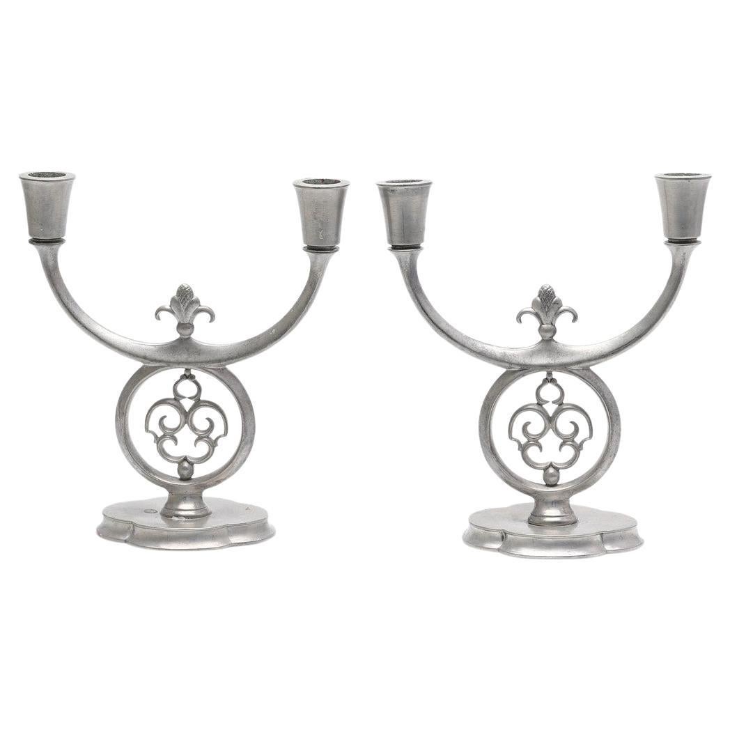 Just Andersen, Early Pair of Pewter Candelabras, Denmark, 1920s For Sale