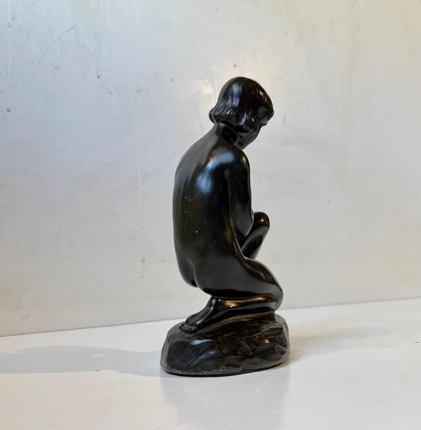 Art Deco Just Andersen & Elna Borch Patinated Sculpture of Young Woman, 1930s For Sale