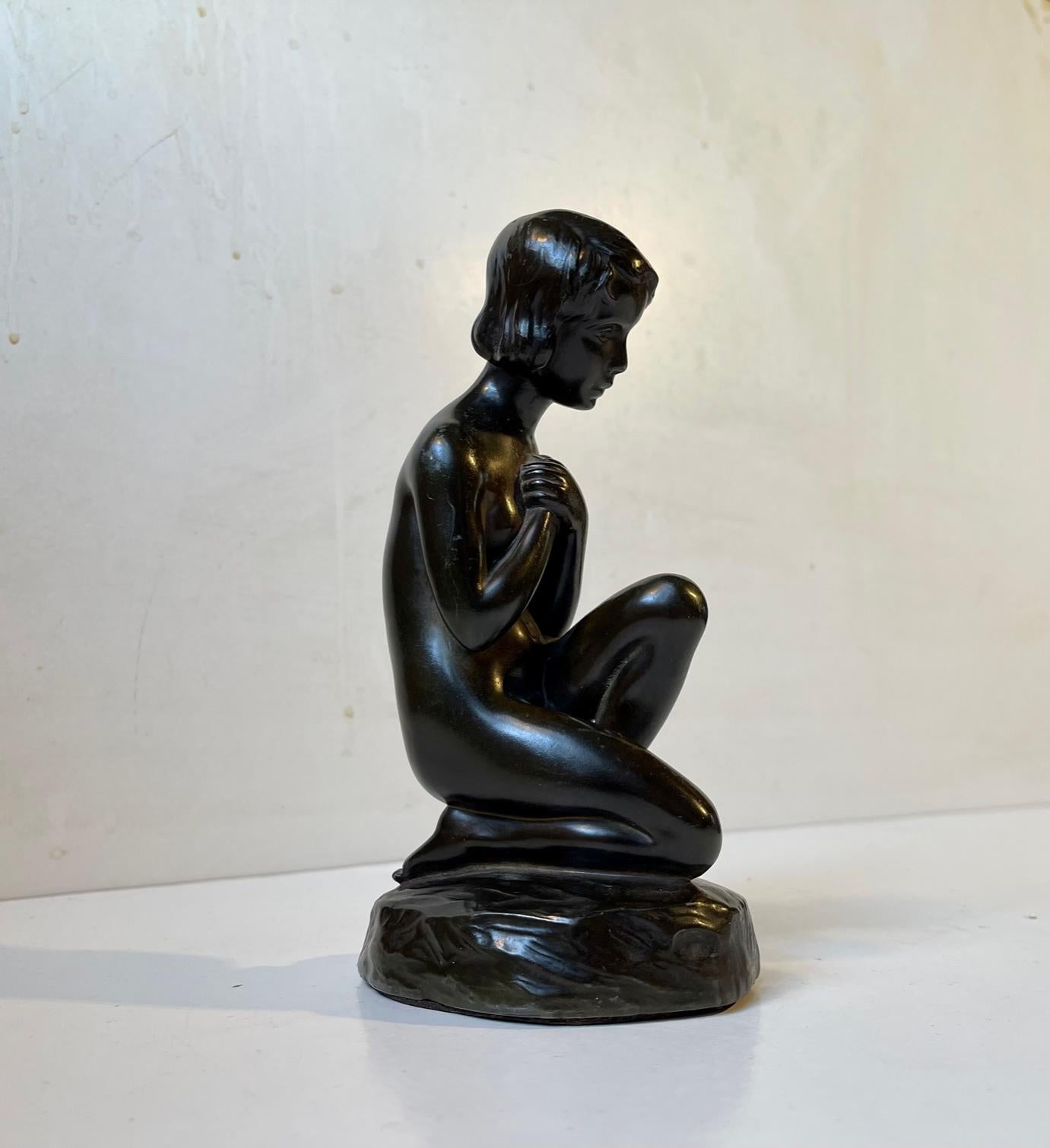 Metal Just Andersen & Elna Borch Patinated Sculpture of Young Woman, 1930s For Sale