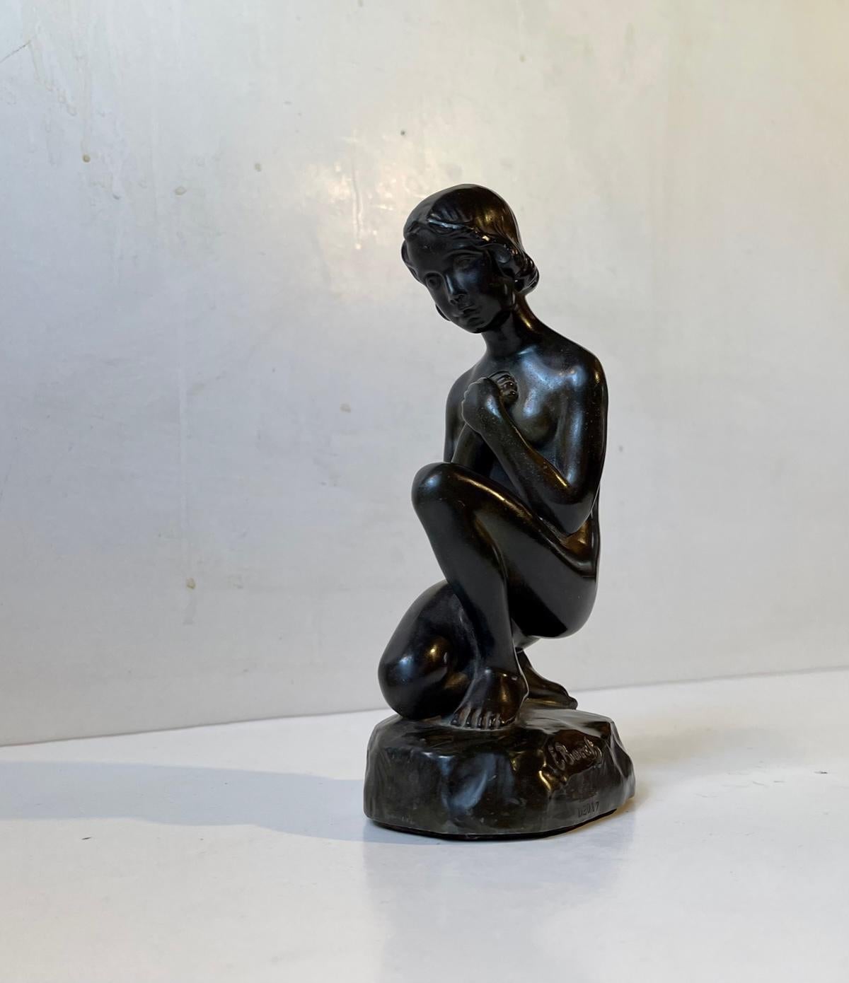 Just Andersen & Elna Borch Patinated Sculpture of Young Woman, 1930s For Sale 1