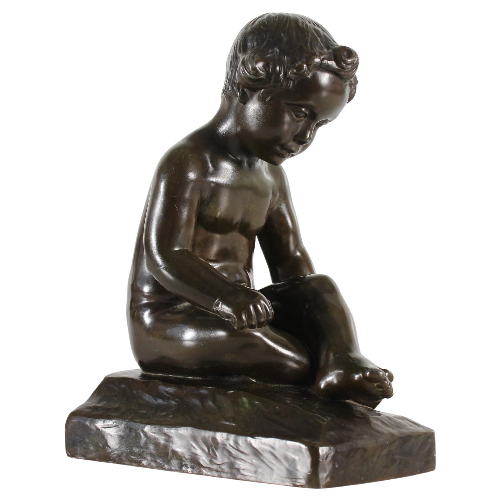 Just Andersen Figurine of Boy by Elna Borch Made of Disco Metal, Denmark 1940s