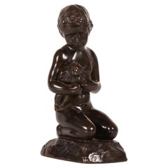 Just Andersen Figurine of Boy with Bear by E. Borch of Disco Metal Denmark 1940s