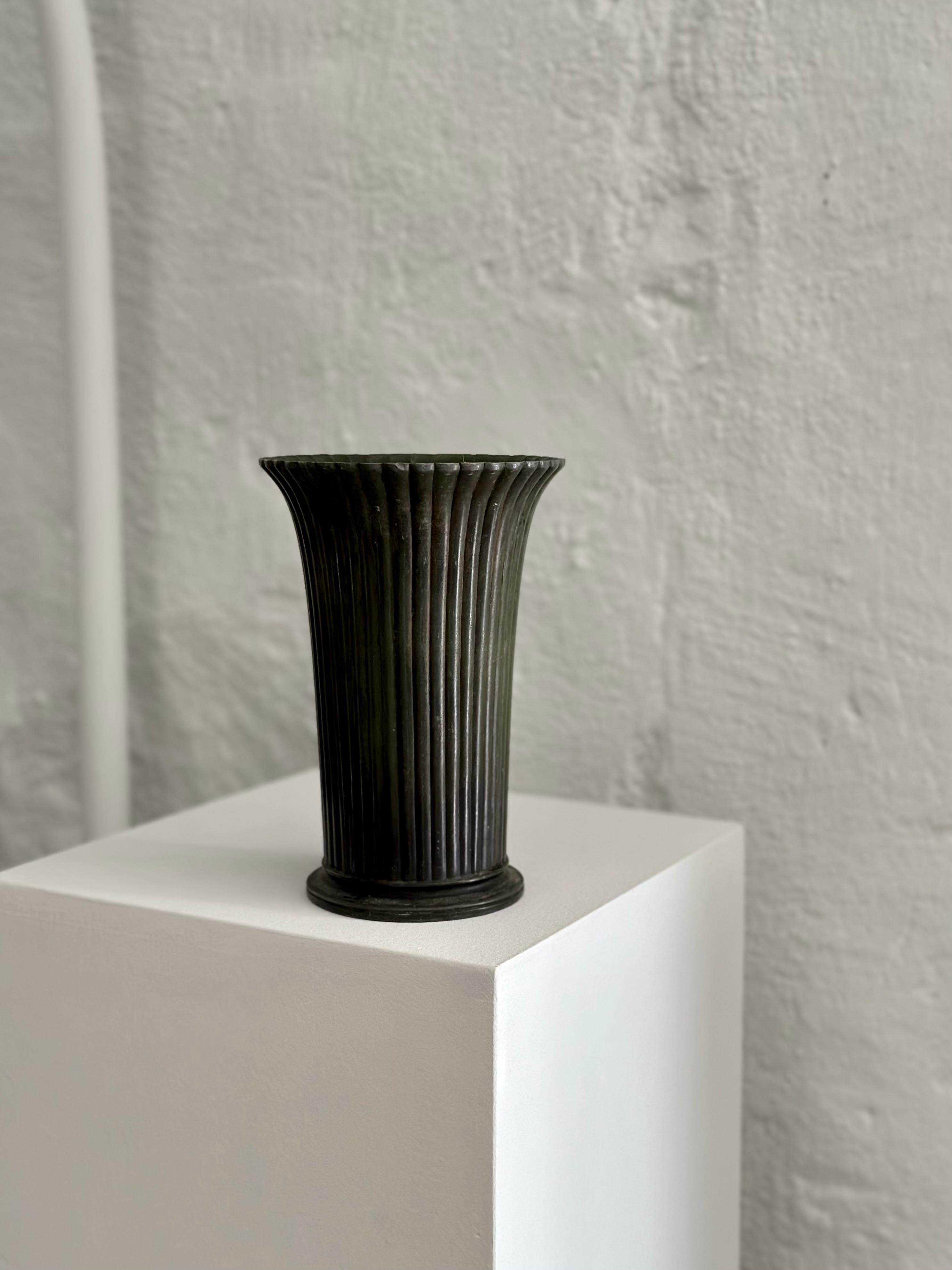 Just Andersen Fluted Patinated Disco Metal Vase, 2318, 1940s, Denmark 3