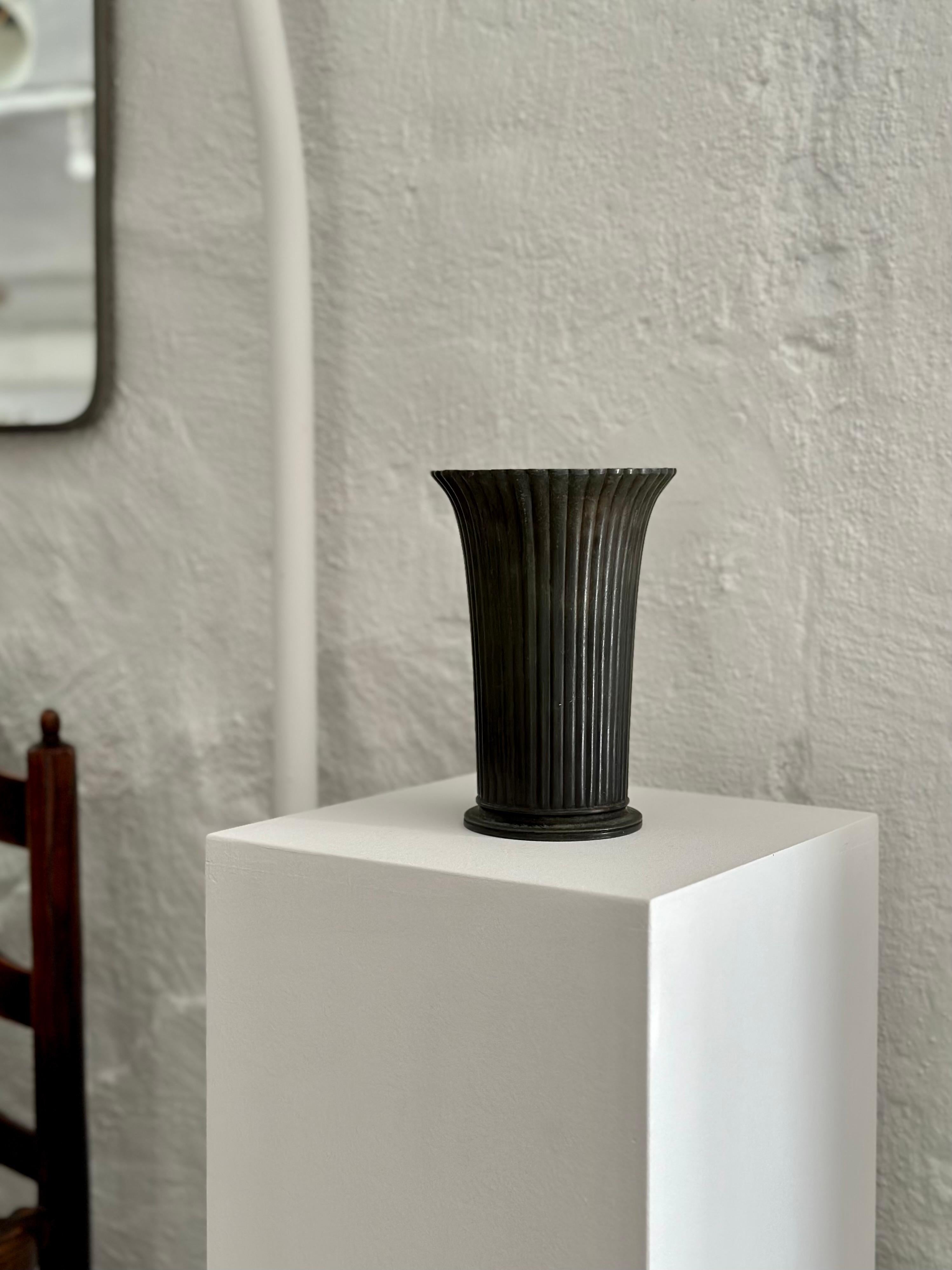Scandinavian Modern Just Andersen Fluted Patinated Disco Metal Vase, 2318, 1940s, Denmark