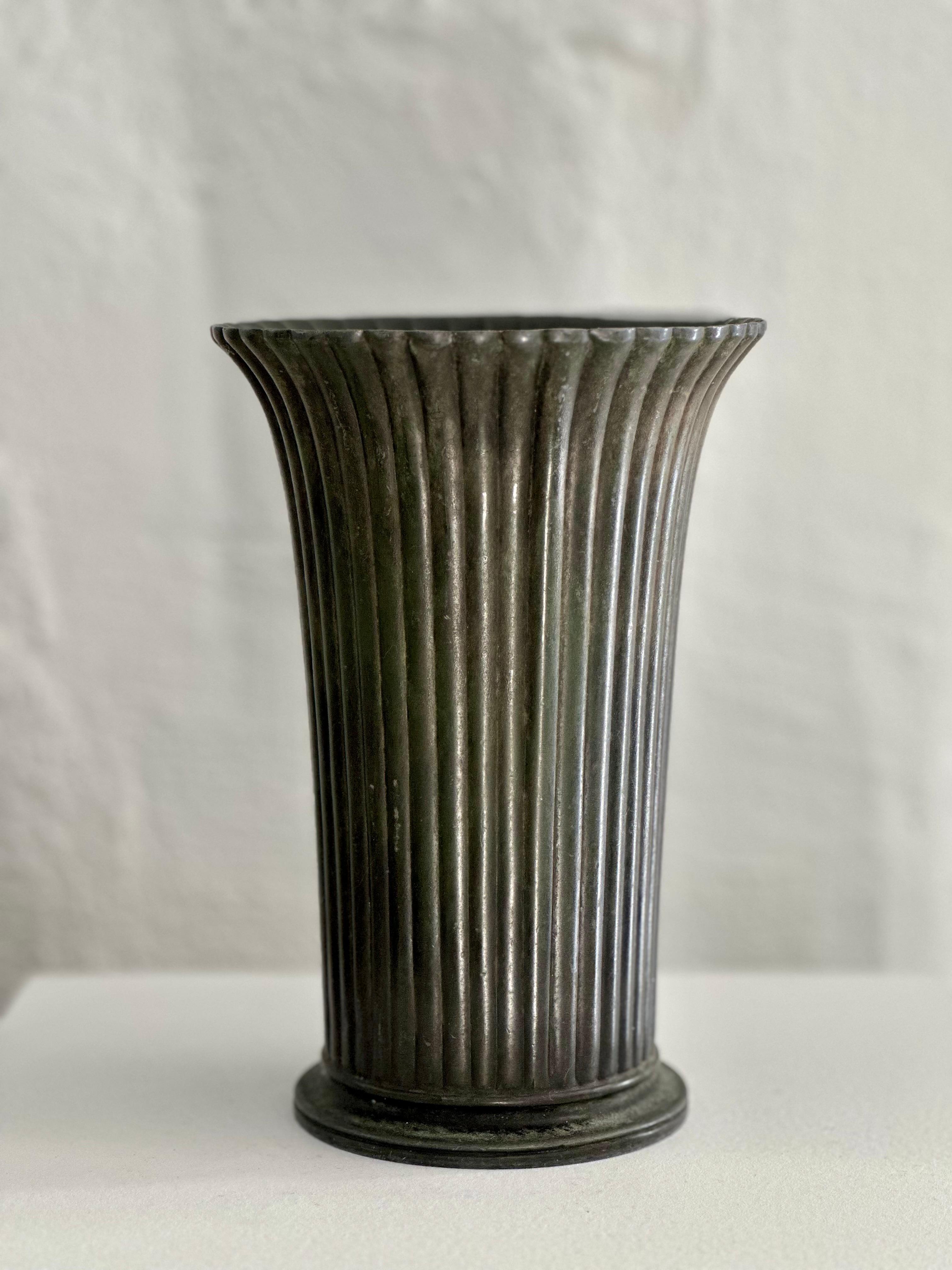 Bronze Just Andersen Fluted Patinated Disco Metal Vase, 2318, 1940s, Denmark