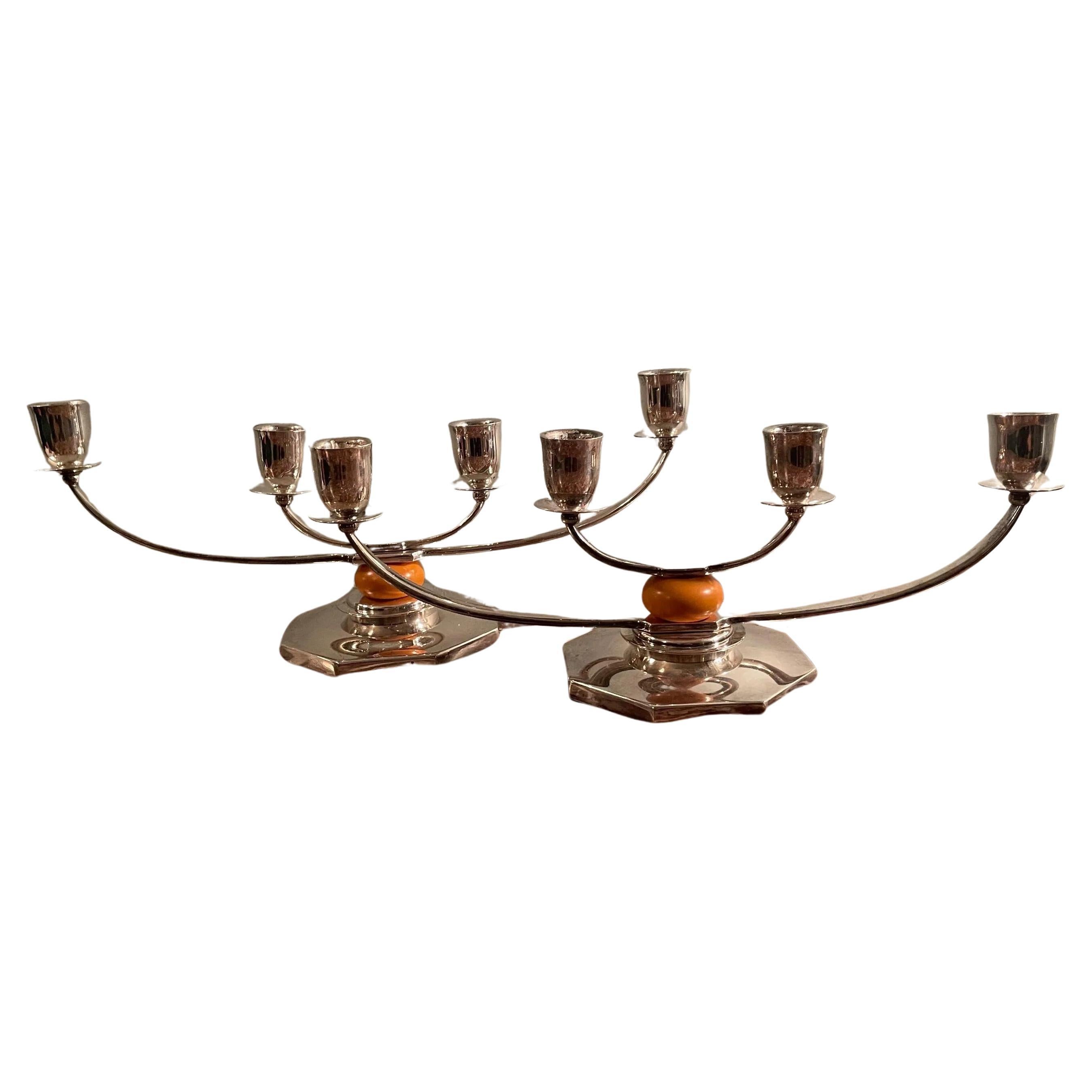Pareja de candelabros de cinco brazos bañados en plata Just Andersen para GAB - Suecia Años 30 en venta