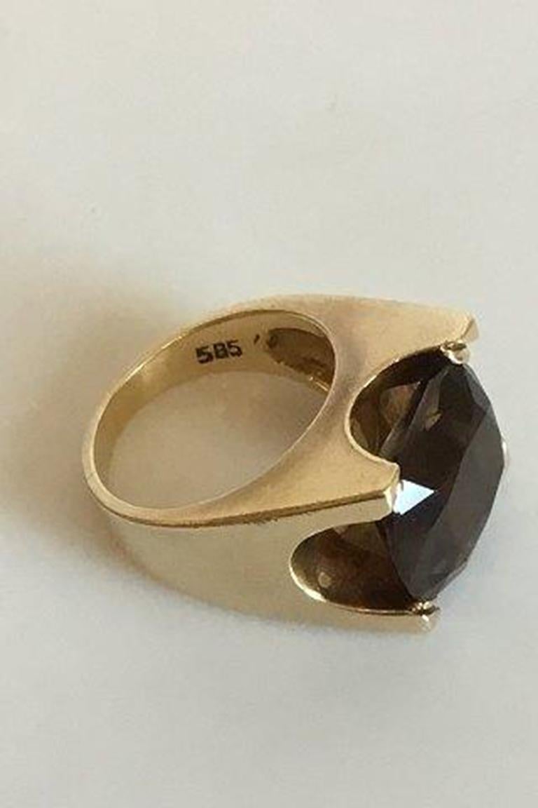 20th Century Just Andersen Gold Ring 14 Kt with Smoke Quartz Stone For Sale