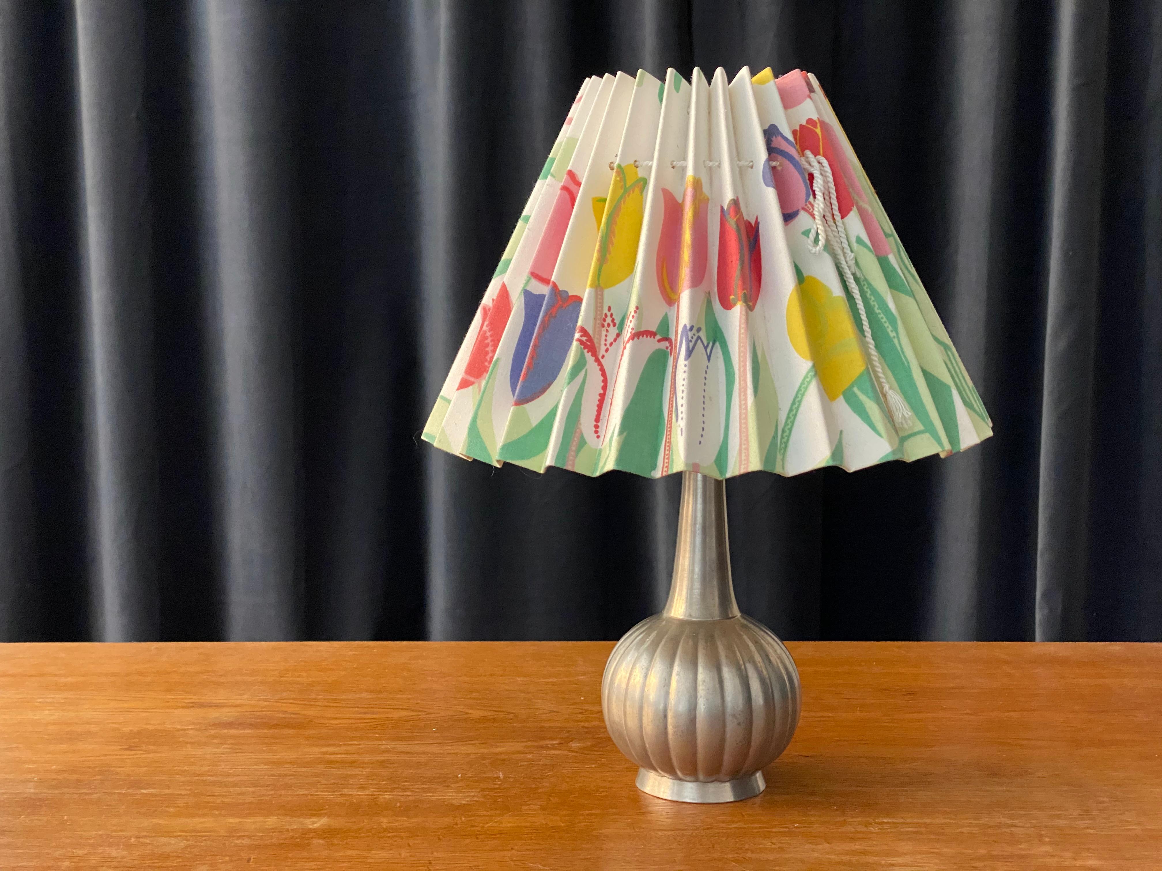 Scandinavian Modern Just Andersen & Josef Frank, Table Lamp, Pewter, Fabric, Denmark, 1930s