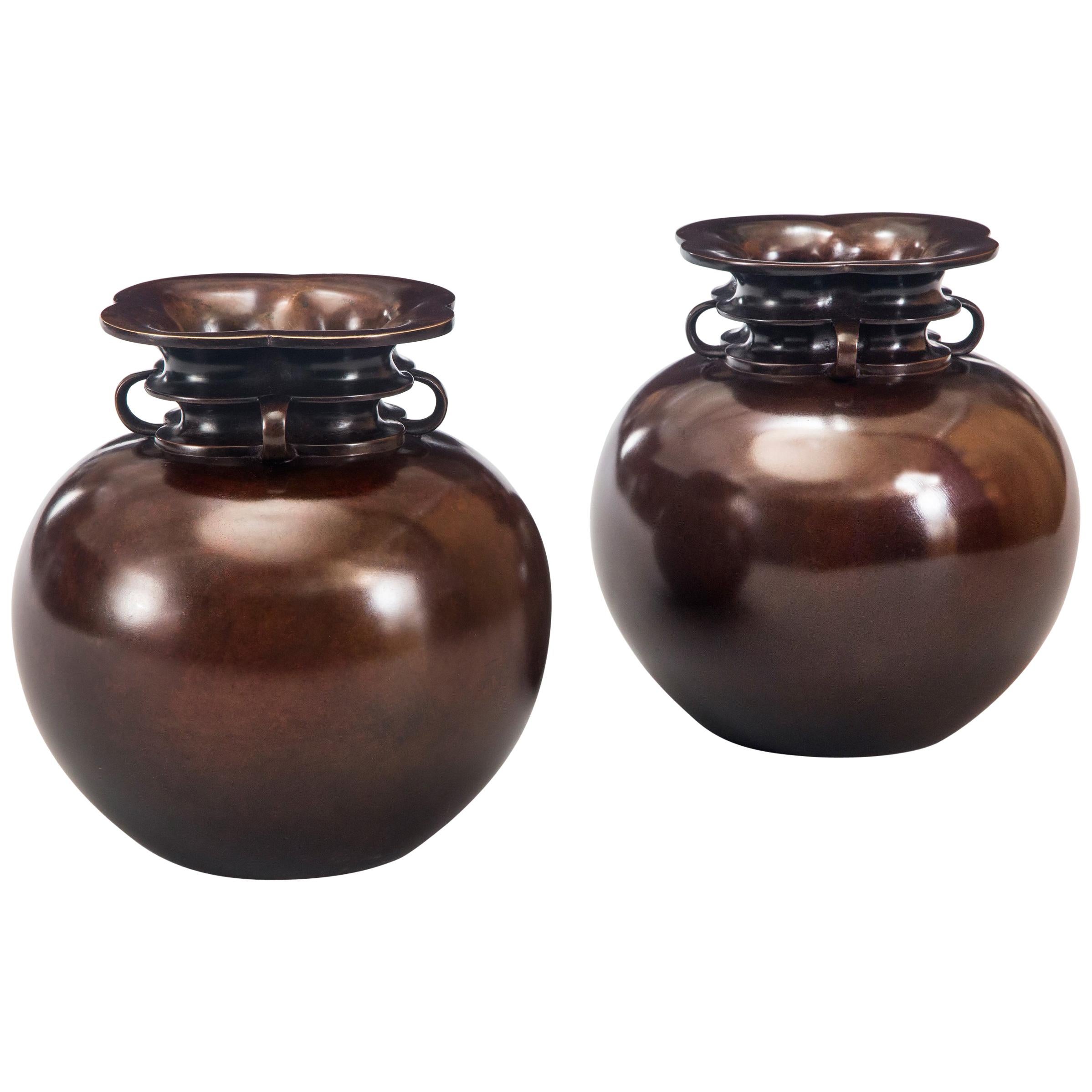 Just Andersen, Pair of Danish Solid Patinated Bronze Vases, Signed