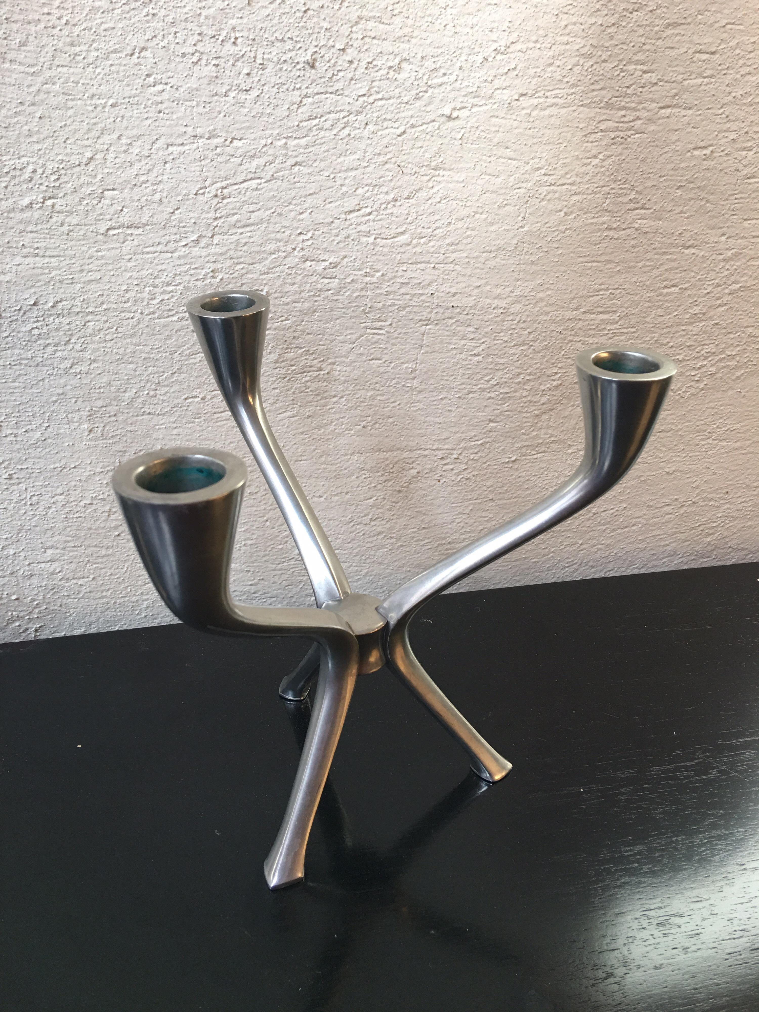 Very nice pewter just Andersen model 2688 pair of 3 arm candlesticks. Sculptural curving forms.