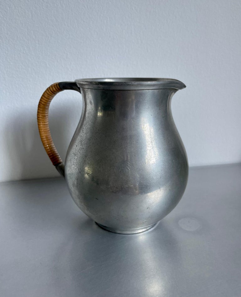 Just Andersen Pewter Pitcher with Woven Wicker Handle, 1930s For Sale