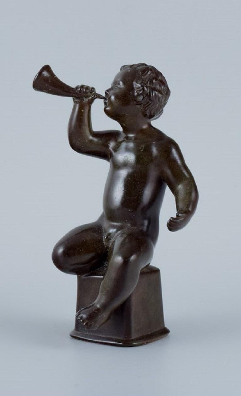 Art Deco Just Andersen, Sculpture in Disco Metal, Naked Boy Blowing a Horn
