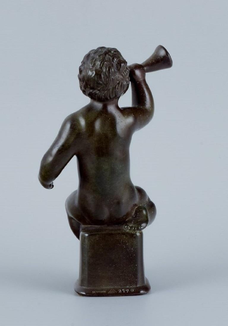 Mid-20th Century Just Andersen, Sculpture in Disco Metal, Naked Boy Blowing a Horn