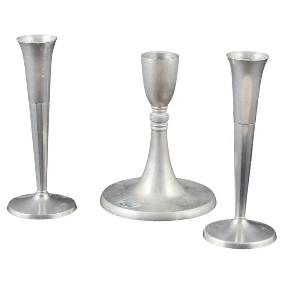 Just Andersen & Selangor Pewter. Three pewter candlesticks.