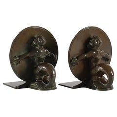 Just Andersen Set of Two Bookends, Mermaids no 1554 of Disco Metal Denmark 1930s