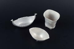 Just Andersen. Small pewter Viking ship bowl with two other pewter vessels.