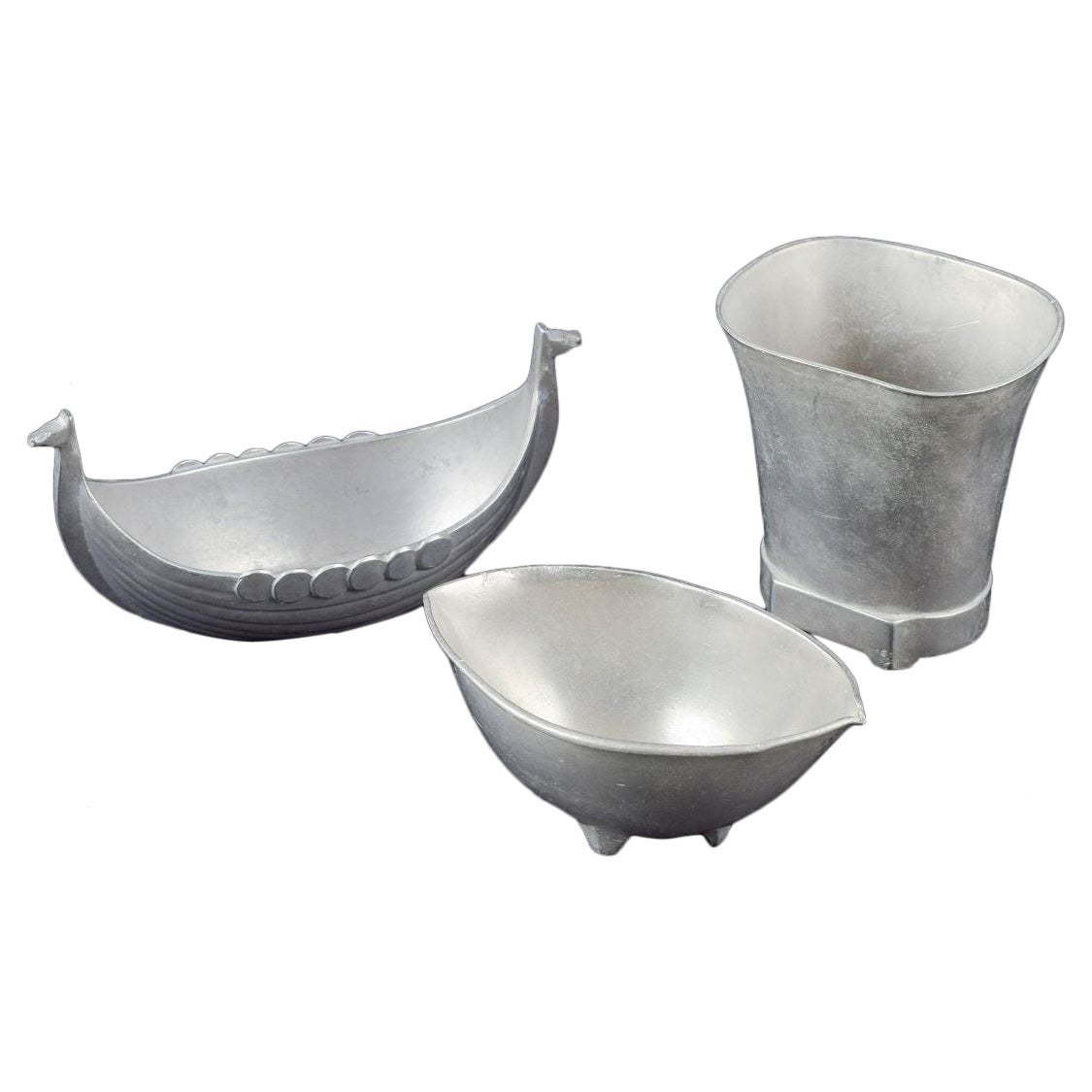 Just Andersen. Small pewter Viking ship bowl with two other pewter vessels.