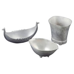 Just Andersen. Small pewter Viking ship bowl with two other pewter vessels.